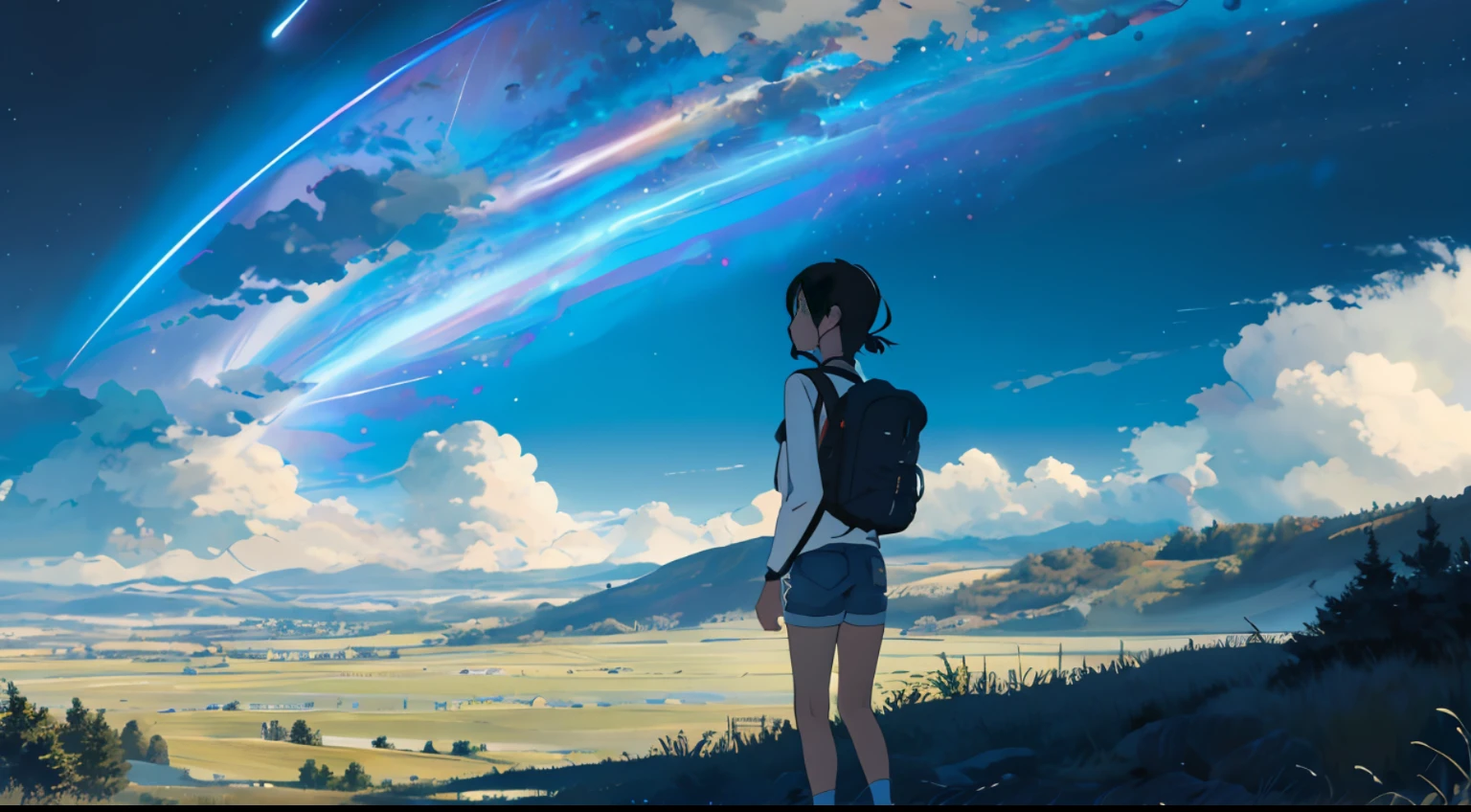 Vast sky, beautiful skyline, large grasslands, intense and dramatic pictures, moving visuals, hanging north stars, colorful natural light. Long sleeve top denim shorts back backpack girl, back, looking to the left