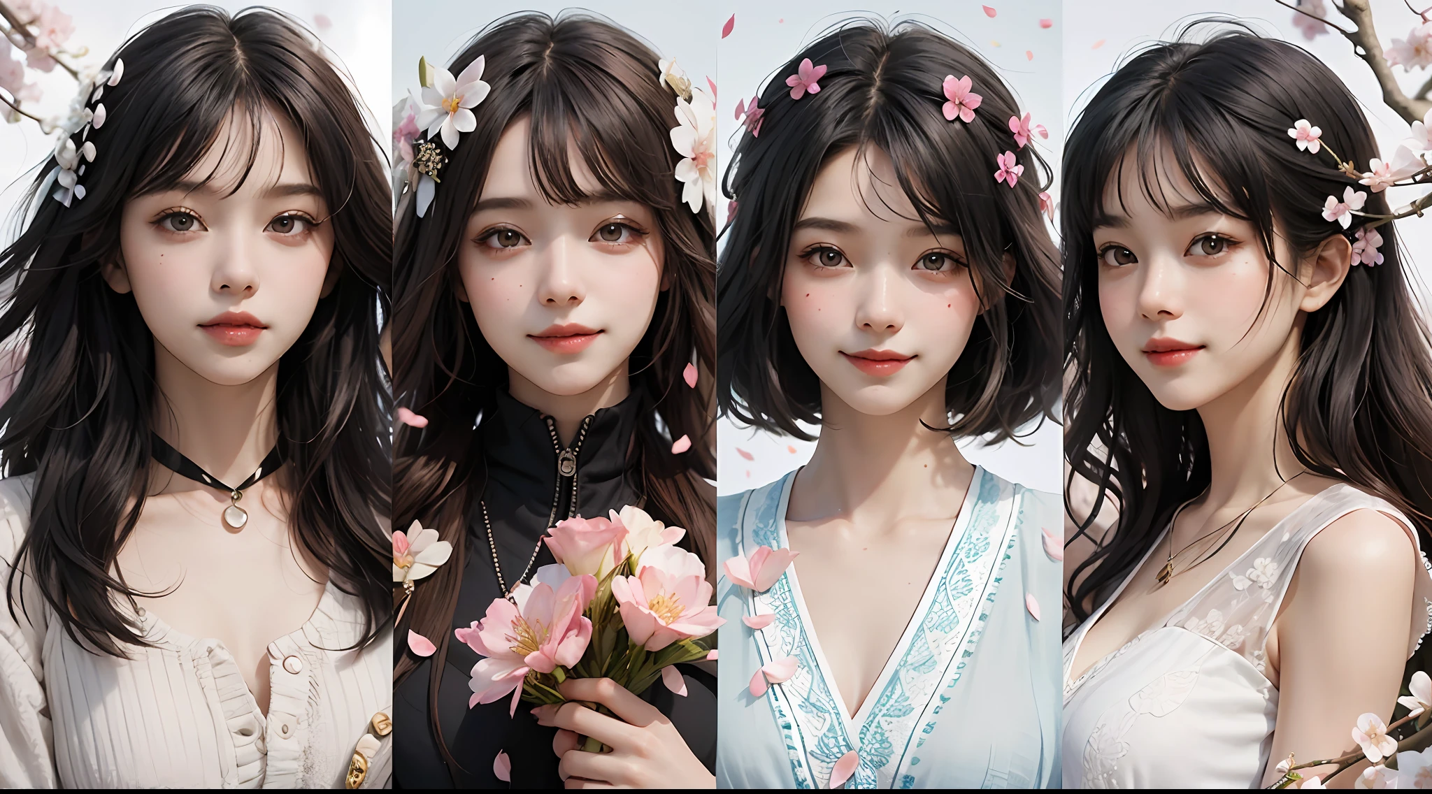 5 girls, side by side without gaps, line up, multiple hair, multiple faces, fun, smile, front view, character focus, black divider, one beautiful and delicate portrait of playful cute girl with cherry blossom petals floating in the background, creative art poster, creative, art,
