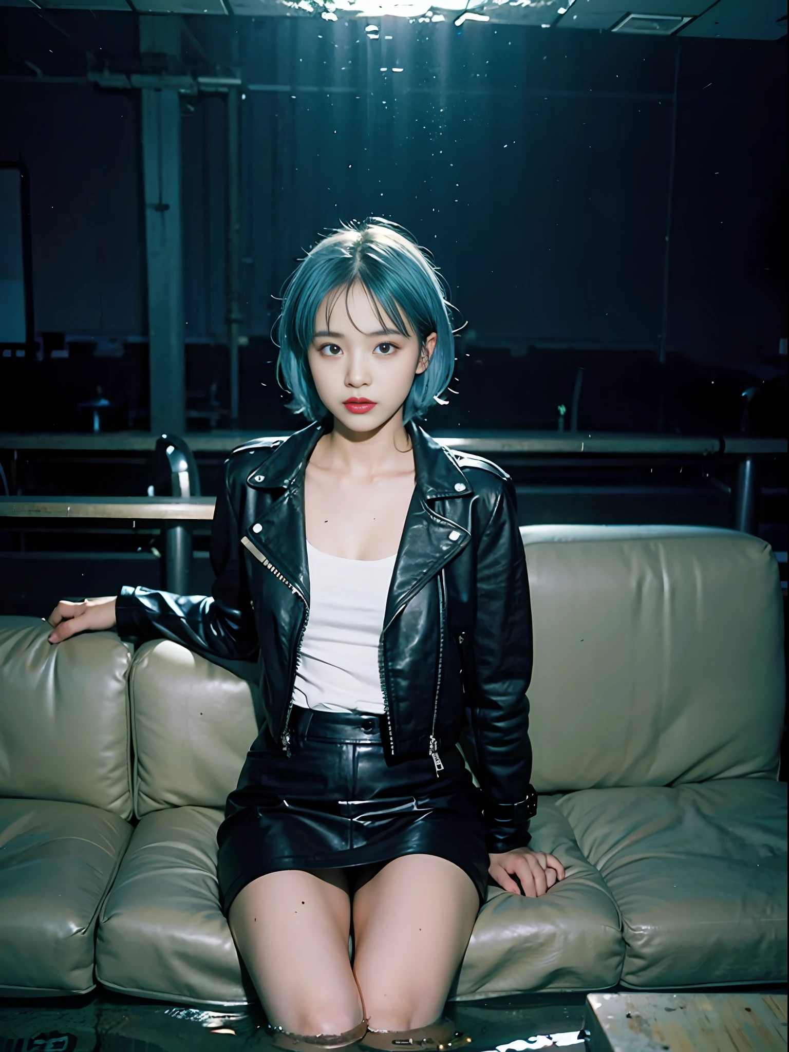 masterpiece, raw photo, film photo, 90s flash photo, (glint:1.3), ブレた多色の照明、1girl, empty theater, beautiful 1girl, sin front of camera, best quality, (bob light blue ash hair:1.3), Long Legs, (Black Leather Jacket: 1.2), slit skirt, One-shoulder dress,(wet:1), (submerged:1.3)