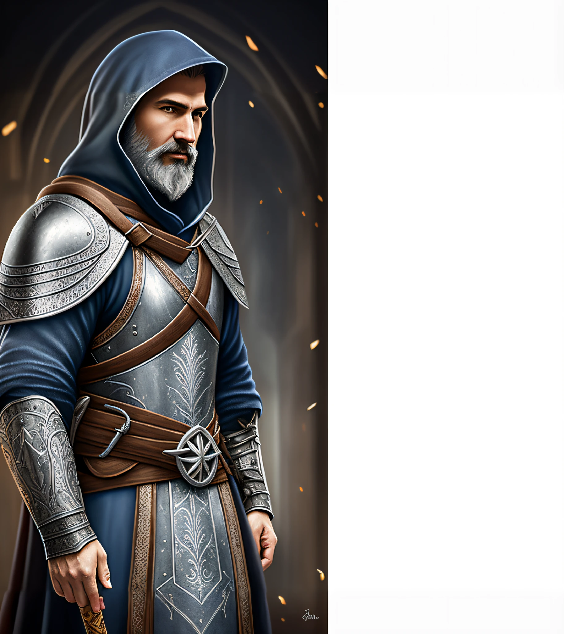 there is a man in a hooded jacket and a sword, picture of a male cleric, old male archmage, male wizard, detailed character art, flowing robes and leather armor, rpg character art, rpg portrait concept art, full portrait of magical knight, portrait of a male hydromancer, epic exquisite character art, portrait of fin wildcloak, character profile art
