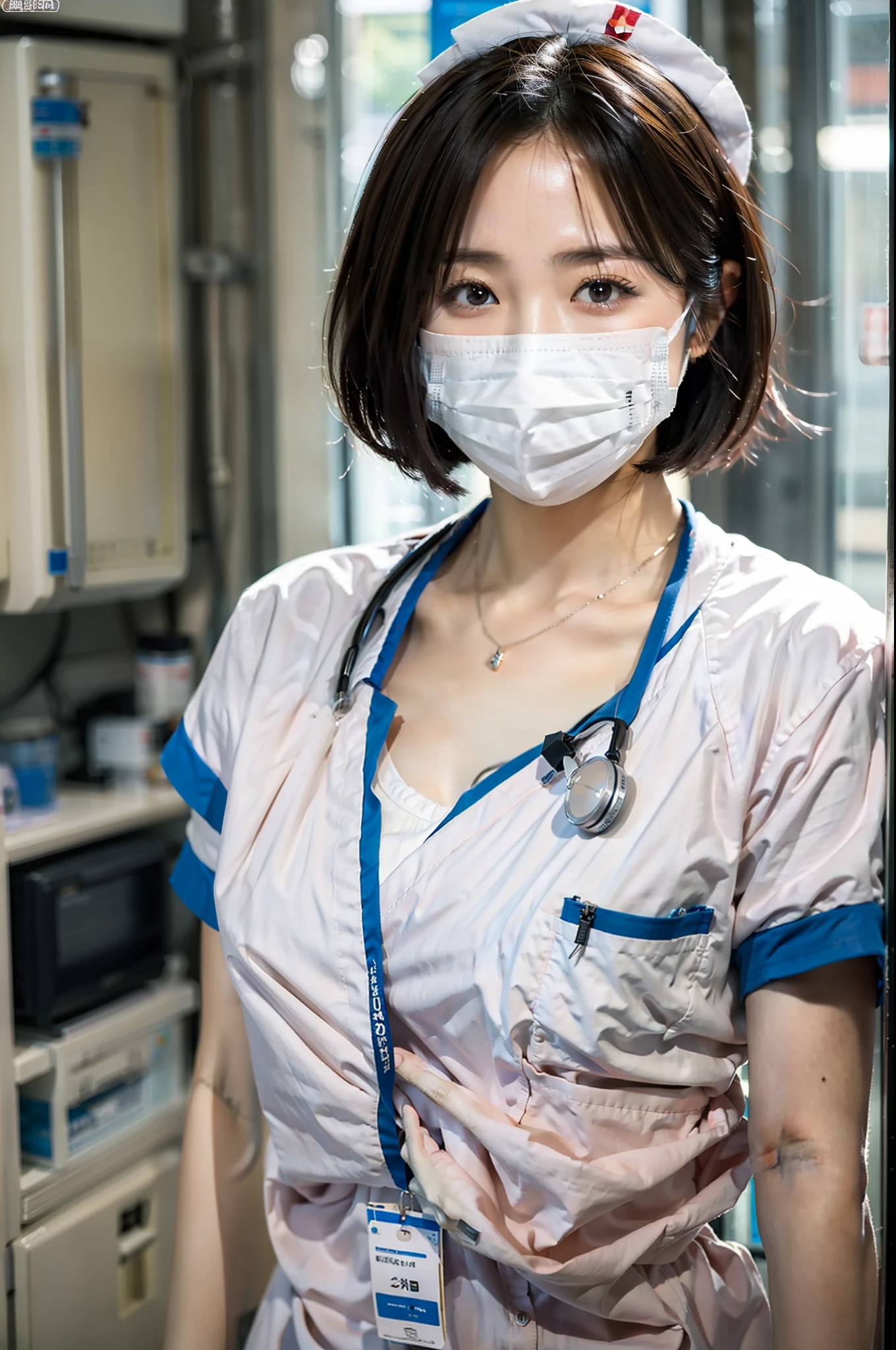 Top Quality, 8k, 32k, Masterpiece, UHD: 1.2), Japan Beauties, Nurse Clothes, Big Breasts, Short Bob Hair, Black Hair, Upper Body, Face Focus, Hospital Room, Look Viewer, Mask, Glossy Skin, Facing Ahead