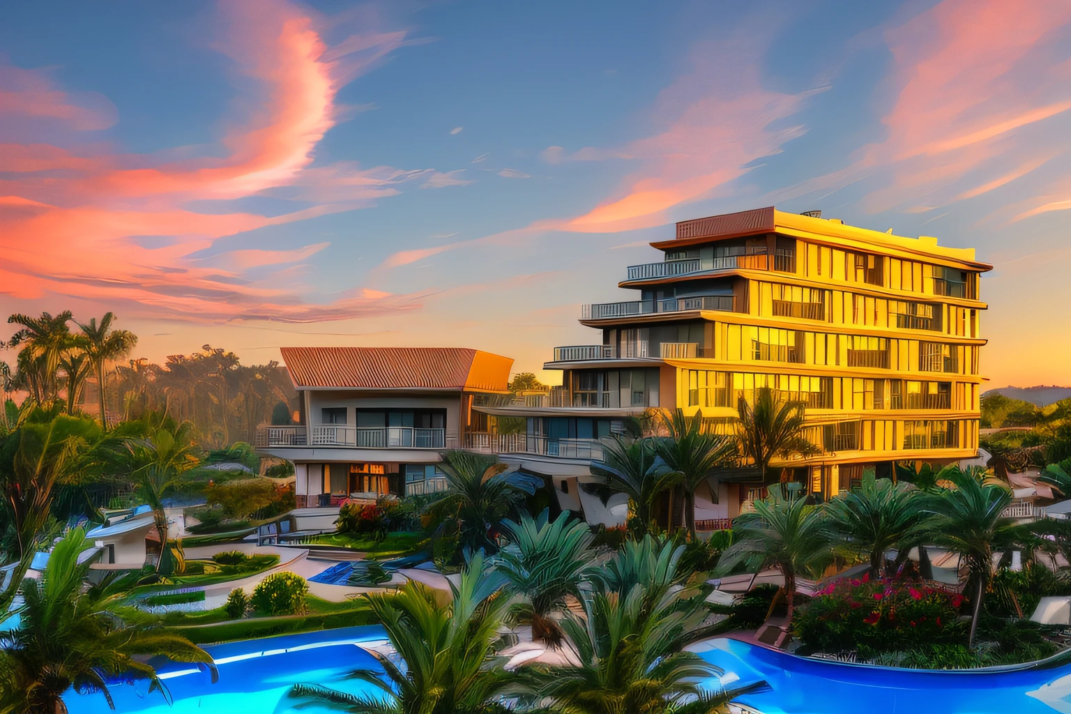 there is a large building with a pool and a lot of trees, full - view, resort, riverside, vibrant and dynamic, sun coast, winter, stacked image, living, a wide full shot, coast, morning golden hour, full morning sun, view, morning glow, award-winning masterpiece, high quality image, very elegant & complex, sun rising