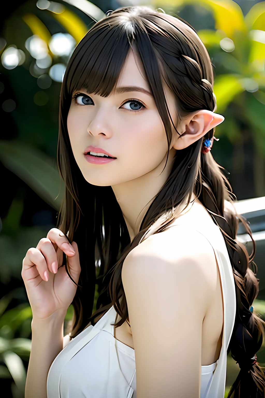 Ultra-detailed complex 3D rendering of the face, (Colossal: 8.8), (masterpiece, top quality, octane rendering, 8K), glamour shot full body image, very beautiful young elf, cleavage, (very detailed skin: 1.2), (exposure: 1.1), (blonde elf)))), (wearing a plummeted tank top shirt of white silk: 1.5)), , Beautiful Caucasian woman with big buttocks full soft breasts and white skin, one, long braided hair, big breasts, dynamic angle, mystical expression, ultra-realistic photos, (((((portrait)))), bare feet, futuristic urban background, facial muscles, detailed and beautiful queen tiara, in the style of Marvel Comics, ArtStation trends, clear focus, studio photography, intricate detail, highly detailed, detailed yellow eyes, sharp focus, digital rendering, professional, abs, shot with Canon EOS R 6, natural jungle, open mouth lightly (sexy pose))),