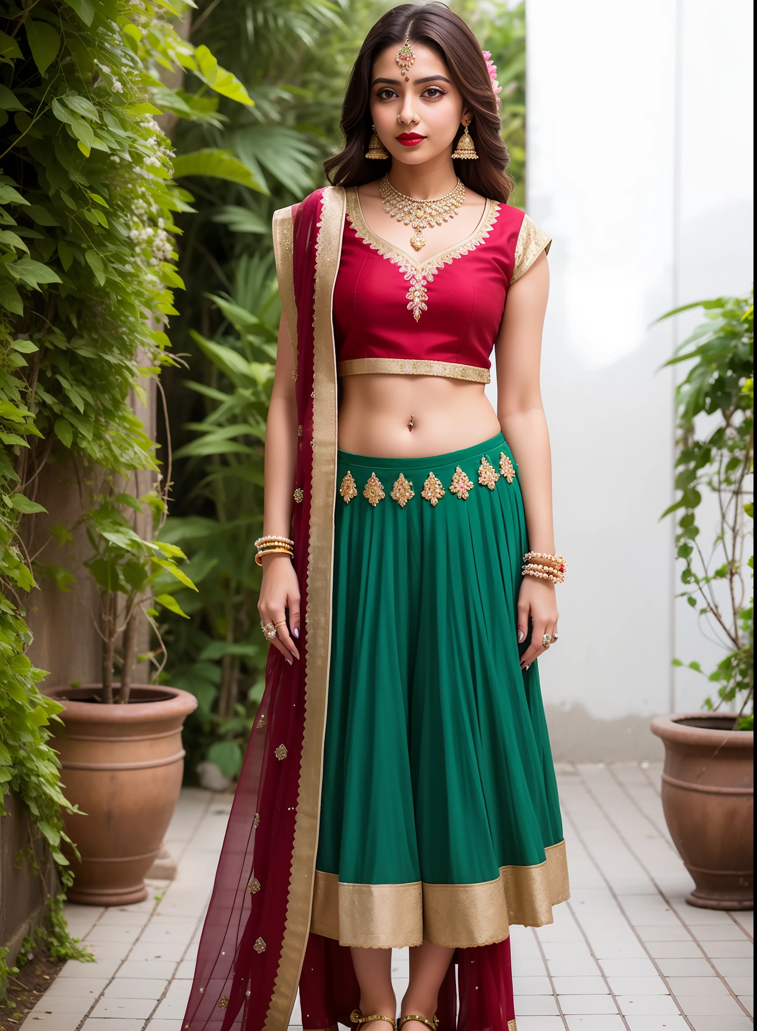 photorealistic, award winning, hyperrealistic, highly detailed, analog photo, film grain, (full body shot:1.2)
girl in brown hair, green eyes, wearing intricate lace red lehenga choli, red lipstick, jewelries, necklace, looking past camera, hair ornaments, jasmine flowers on hair