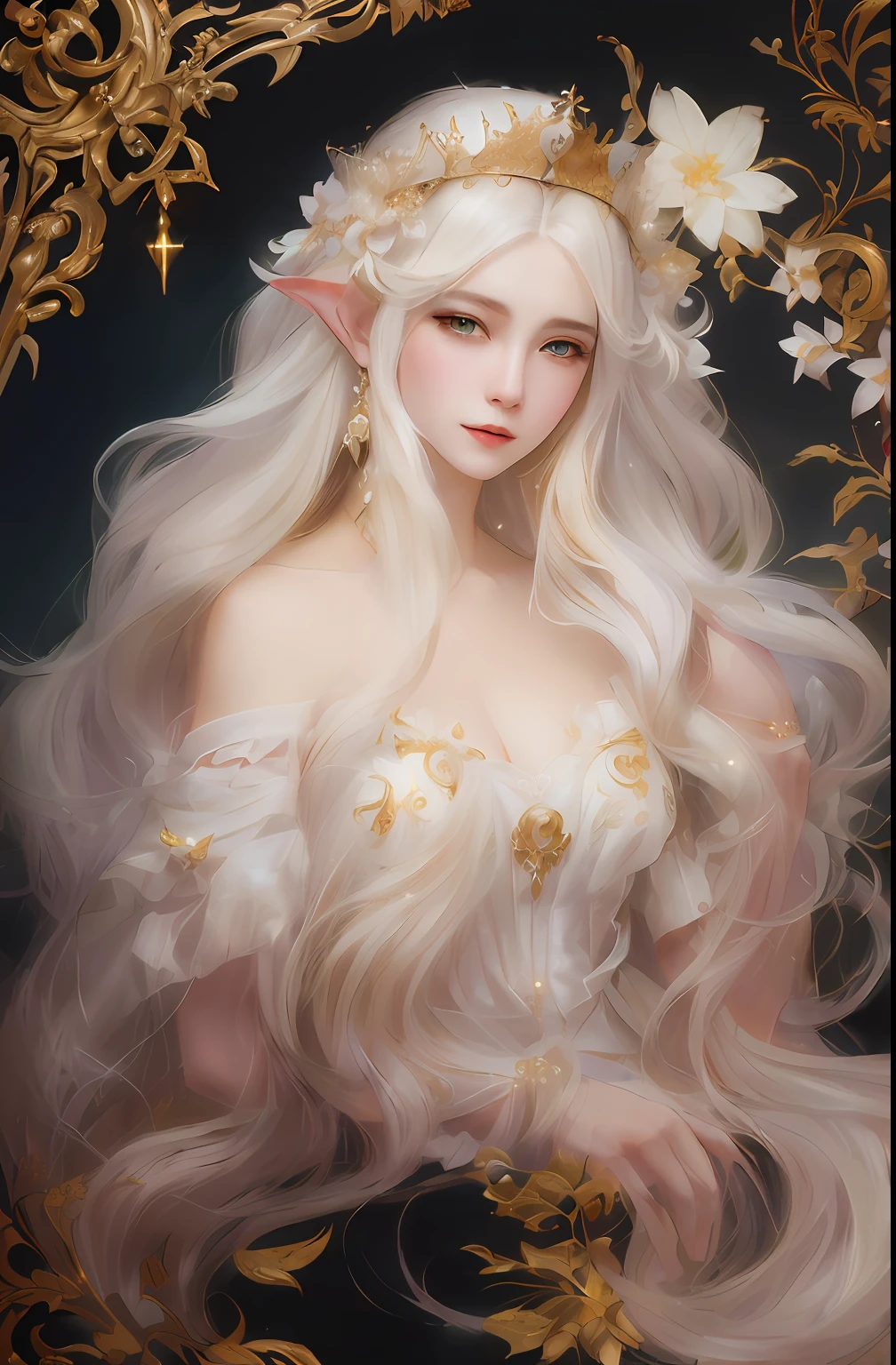 painting of a woman with long white hair and a gold crown, beautiful and elegant elf queen, artwork in the style of guweiz, ((a beautiful fantasy empress)), fantasy art style, 8k high quality detailed art, fanart best artstation, beautiful character painting, a beautiful fantasy empress, detailed white long hair, inspired by WLOP, trending on cgstation