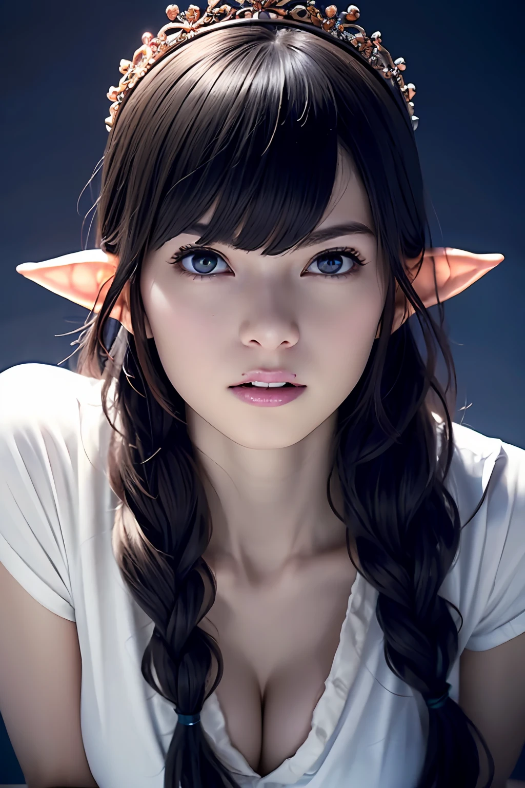 Ultra-detailed complex 3D rendering of the face, (Colossal: 8.8), (masterpiece, top quality, octane rendering, 8K), glamour shot full body image, very beautiful young elf, cleavage, (very detailed skin: 1.2), (exposure: 1.1), brown hair, ((wearing a plummet open shirt of white silk: 1.5)), beautiful Caucasian woman with full soft breasts and dark skin, big buttocks, 1 person, long braided hair, big breasts, dynamic angle, mystical expression, ultra-realistic photos, (((((portrait))), bare feet, futuristic urban background, facial muscles, detailed and beautiful queen crown, in the style of Marvel Comics, ArtStation trends, clear focus, studio photography, intricate details, very detailed, detailed red eyes, very detailed, Sharp focus, digital rendering, professional, abs, dark gray background, shot with Canon EOS R 6, (Sexy Pose)))), seductive look,