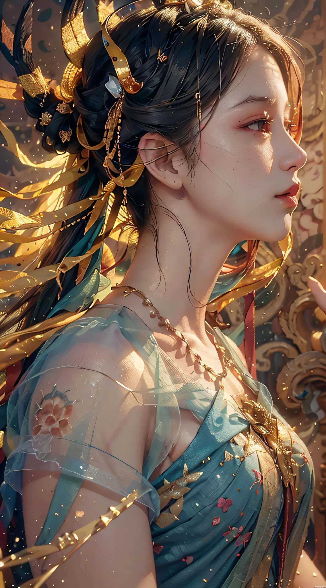 (RAW Photo, Best Quality), (Realistic, Photo Realistic: 1.3), Best Quality, Highly Detailed, Masterpiece, Hyperdetail, Illustration, 1 Girl, (profile), Dynamic Angle, World Masterpiece Theater, messy_long_hair, Best Quality, Extremely Detailed CG Unified 8k Wallpaper, Ink, Amazing, Cinematic Lighting, lens_flare,, dunhuang_style