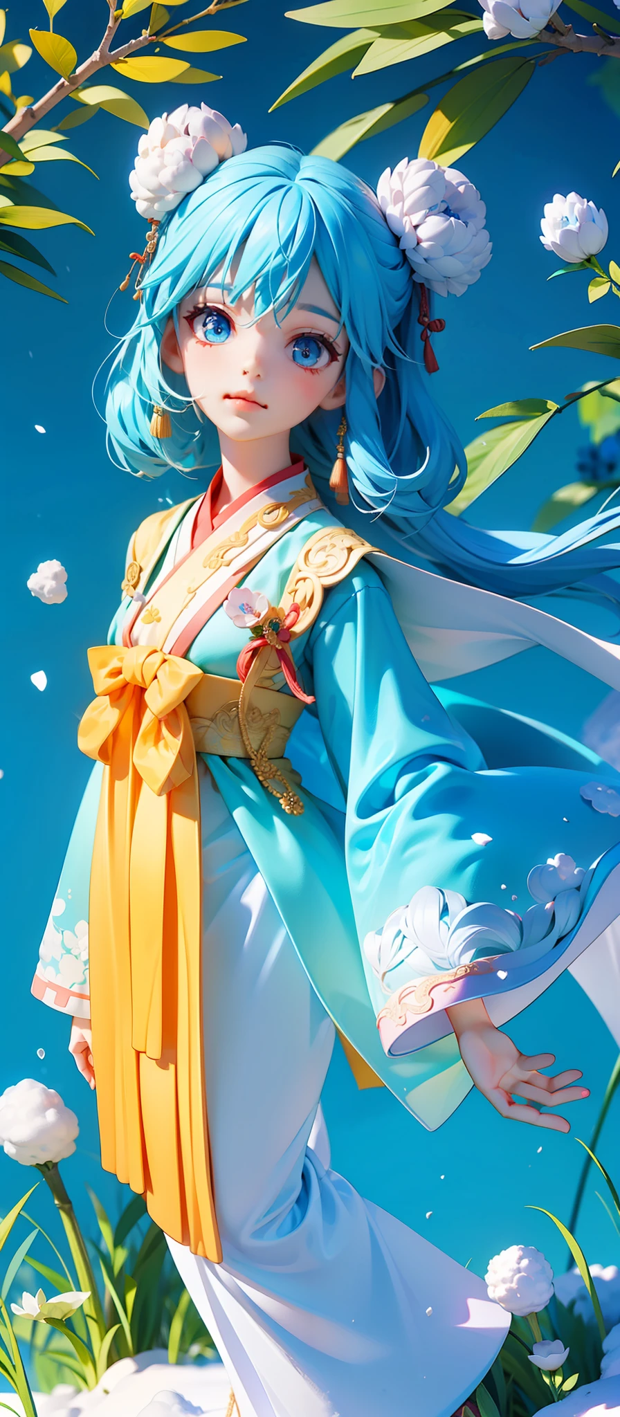 masterpiece, best quality, 1girl, hanfu,look up to,full body,looking up, blue eyes,blue hair, blue flower clothes,beauty eye,backlighting, full body,chibi, ice,snow,perfect ratio,chin grab,