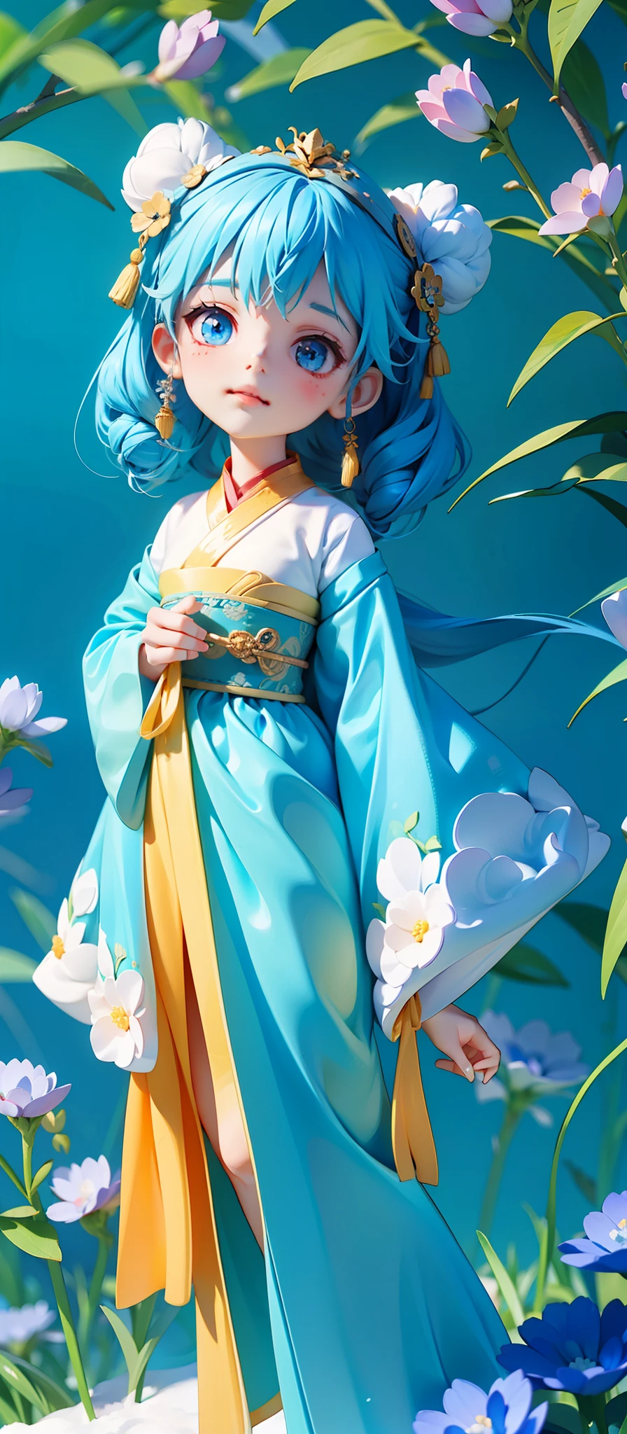 masterpiece, best quality, 1girl, hanfu,look up to,full body,looking up, blue eyes,blue hair, blue flower clothes,beauty eye,backlighting, full body,chibi, ice,snow,perfect ratio,chin grab,
