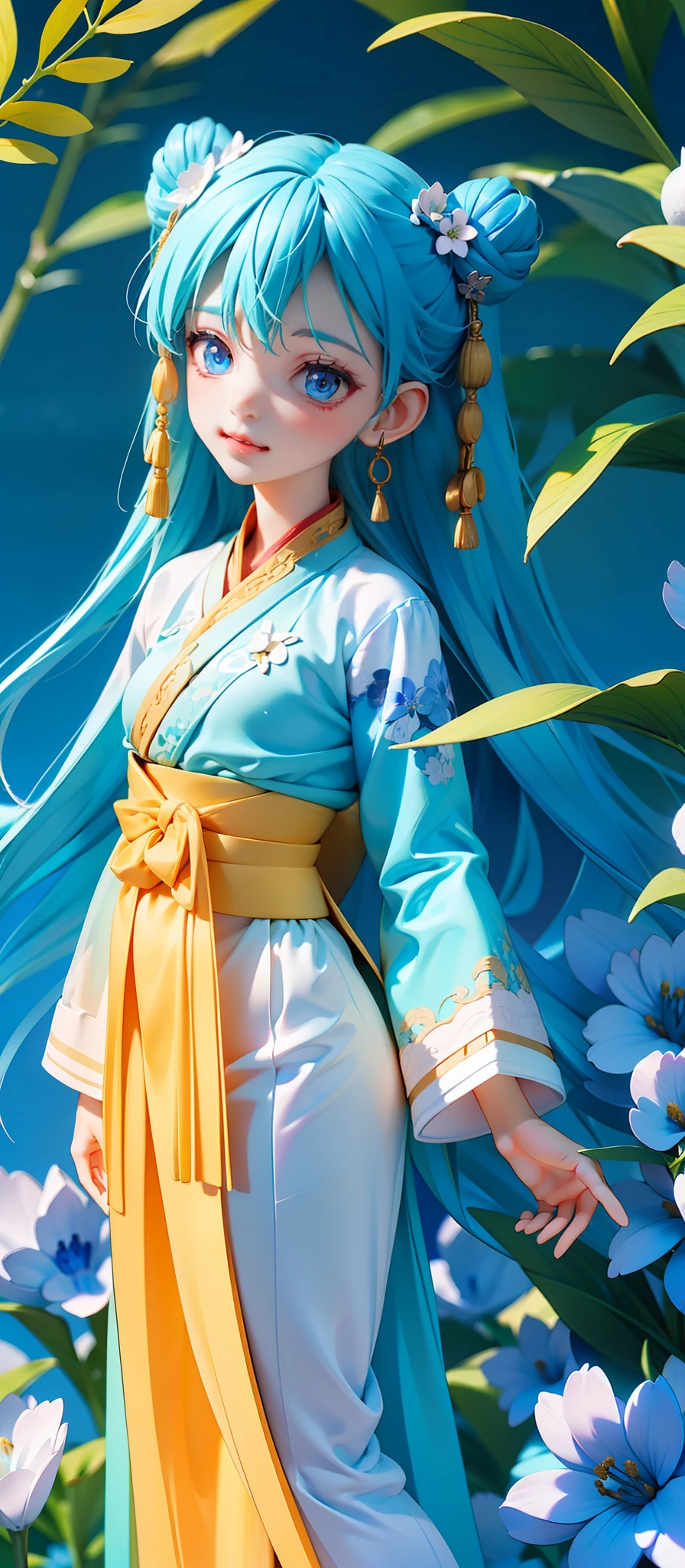 masterpiece, best quality, 1girl, hanfu,look up to,full body,looking up, blue eyes,blue hair, blue flower clothes,beauty eye,backlighting, full body,chibi, ice,snow,perfect ratio,chin grab,