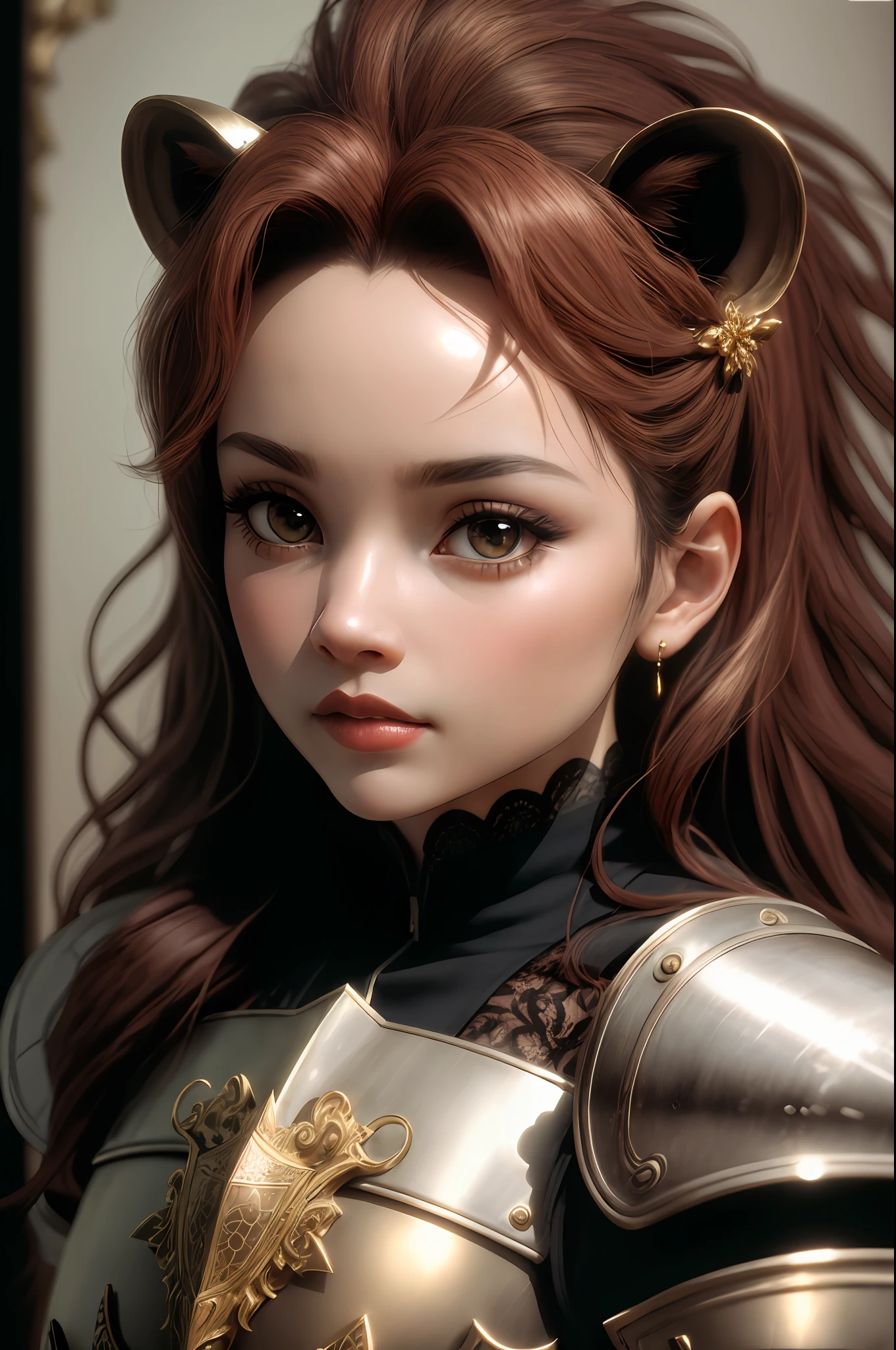 3dcreature cute lion wearing knight armor with detailed floral ornament, 1boy, big eyes, chibi, Photorealistic, Hyperrealistic, Hyperdetailed, analog style, hip cocked, demure, low cut, black lace, detailed skin, matte skin, soft lighting, subsurface scattering, realistic, heavy shadow, masterpiece, best quality, ultra realistic, 8k, golden ratio, Intricate, High Detail, film photography, soft focus