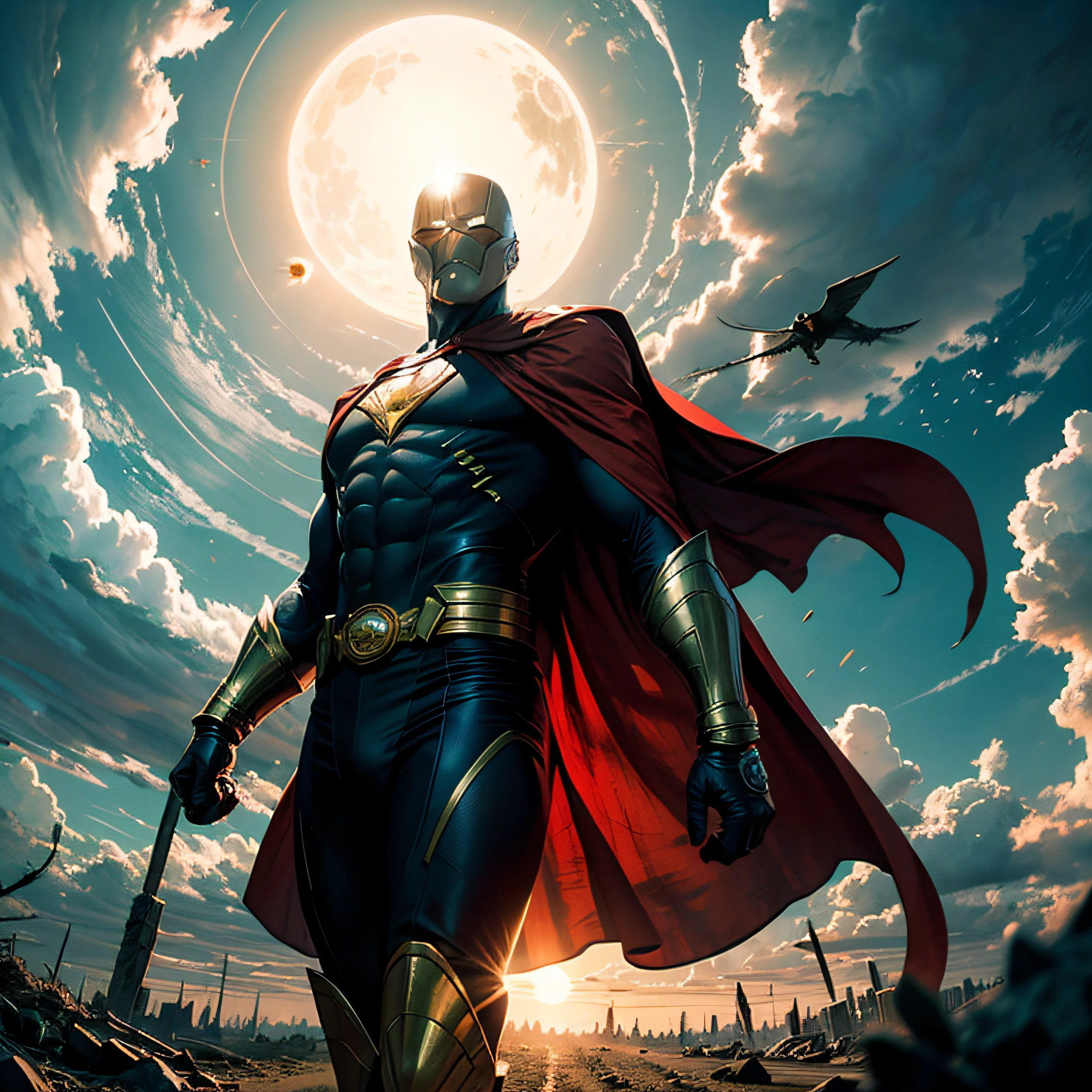 A powerful superhero stands against the sun with his cape flying after defeating a supervillain --auto