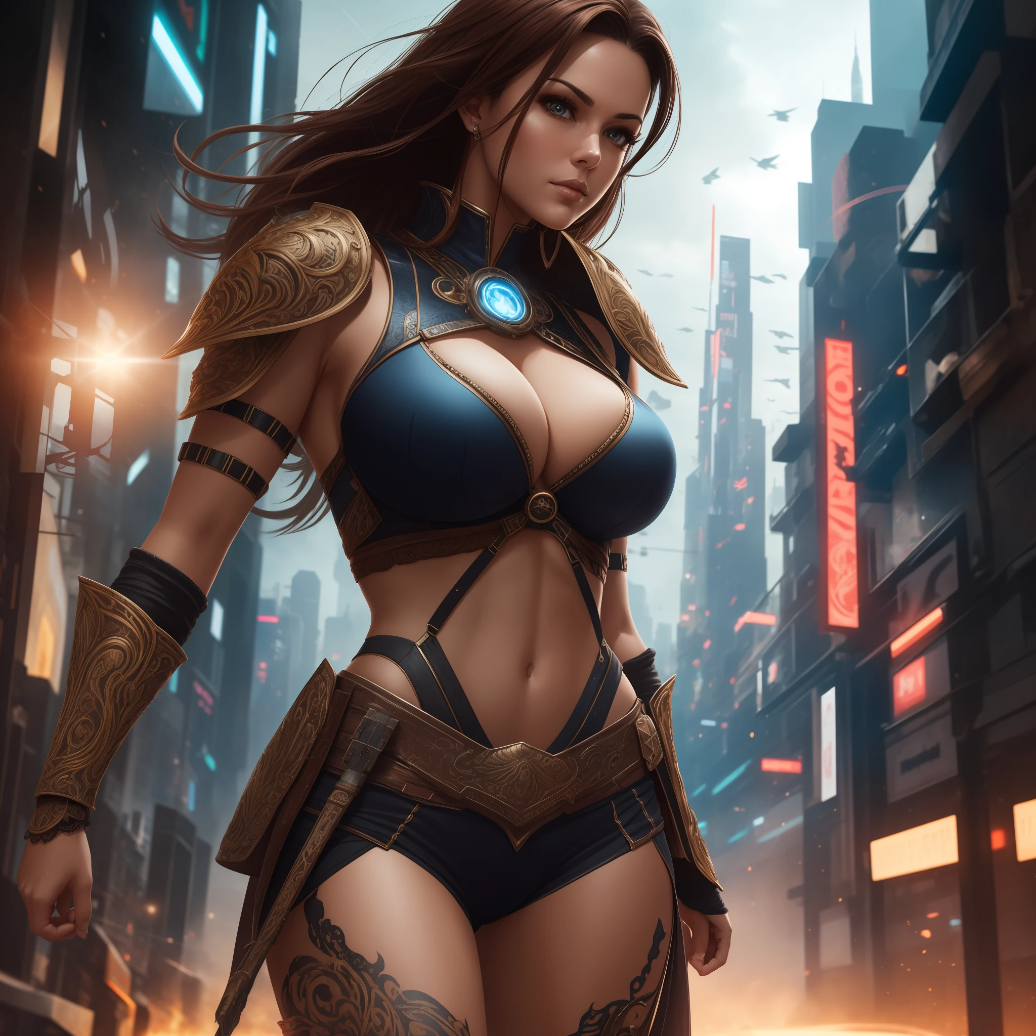 Close-up of a Beautiful milf, small breasts, short flowing brown hair, wearing an intricately detailed futuristic warrior outfit, futuristic city street, dynamic lights, action pose, smoky, 8k, highres