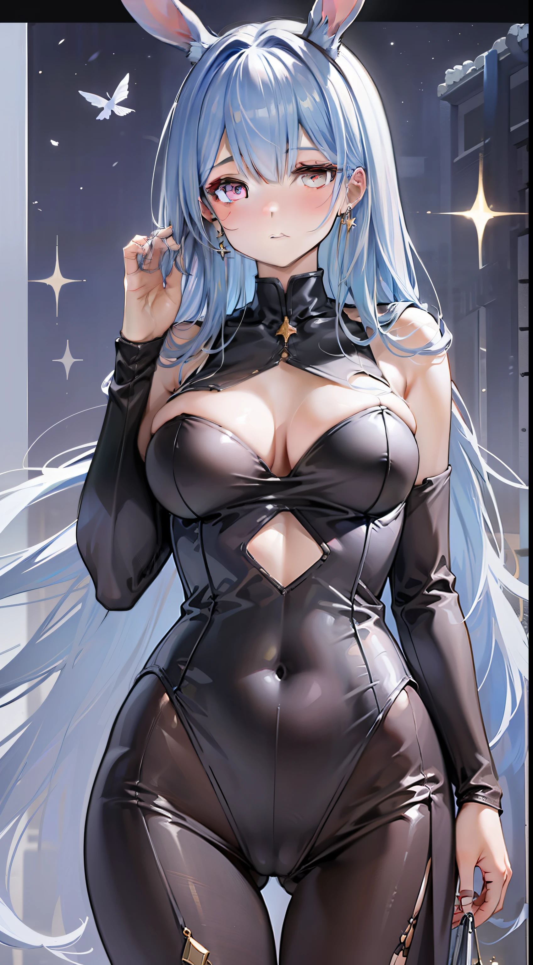 ((Masterpiece)), transparent super tight suit, ultra detailed, clothes under clothes, innocent and **** look, shy pose, super detailed eyes, super detailed clothes, looking at the viewer, delicate and **** body, rabbits and stars in the background, super detailed background, unique art, fantasy scenery