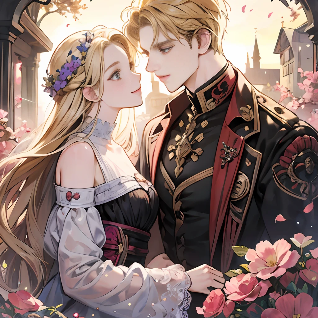 Masterpiece, Best Quality, Two Other, Couple, Hetero, One Man and One Woman, Black and Blonde, Height Difference, Different Colors, Happiness, Love, Landscape Full of Flowers, Forehead, Staring Each Other, (Upper Body 1.3)