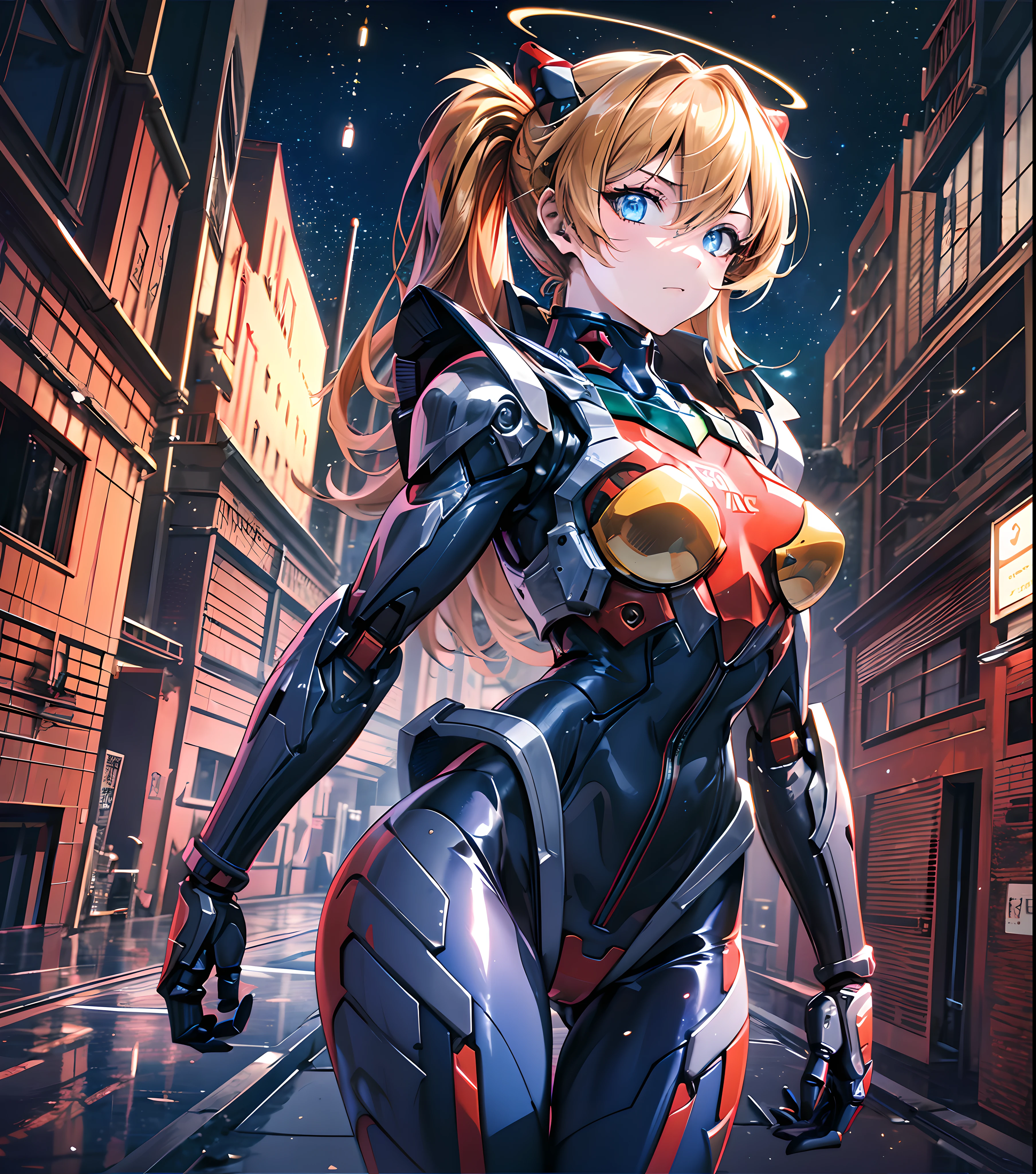 Masterpiece, best quality, super detailed, very detailed illustration, very detailed, complex details, high resolution, super complex details, very detailed 8k CG wallpaper, cowboy lens, caustics, reflections, ray tracing, demon theme, nebula, dark aura, network effects, (1 girl:1.4), Asuka, single, alone, mecha musume, mechanical parts, robot joints, single robotic arm, headdress, mechanical halo, star halo, complex mechanical tights, mecha corset, Fully armored, double ponytail, orange-yellow hair, hair between eyes, blue eyes, glowing eyes, eye tracks, random expressions, random movements, ancient Japanese architecture, ponds, starry sky, skyline,