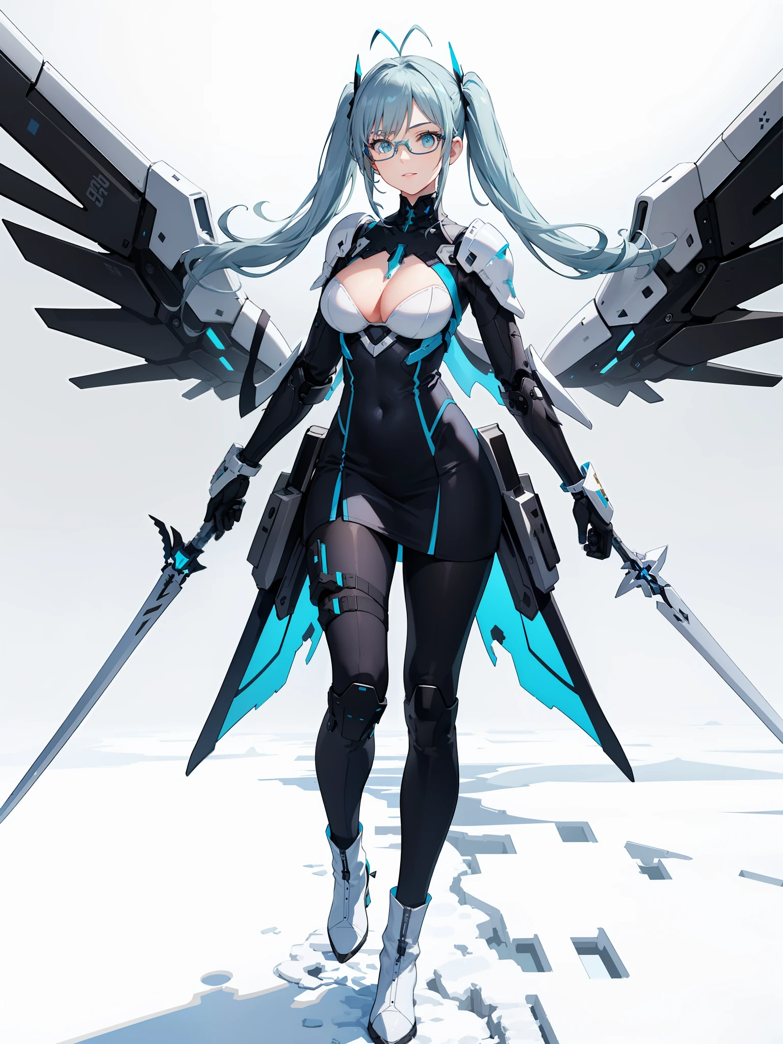 ({best quality}, {{masterpiece}},, {highres}),extremely detailed 8K wallpaper,anime_3D_Rendering,(solo,1girl),ager,curvaceous_body,d_cup_breasts,detailed_face,slender waist,floating,perspective,beautiful_face,ample_breasts,high_saturation coloring,prodigy_girl,looking at viewer,standing next to viewer,confident,isomeric_view,realistic_lighting,ray_tracing
Full detailed face,(vivid_silver_hair,detailed hair,shoulder-long hair,twintail hairstyle,icy_blue tips,straight flowy hair,base tied with v-shaped clips,loose end,flowy,detailed),(two strands of silver hair framing face)
(two sets of dual white blade-shaped mechanical headpiece,white antenna,pointy,blue at edge),(deep azure eyes,white cross pupil,realistic eyes,sharp eyes edge),(cyan rectangular holographic goggle glasses,semi transparent lenses,violet framings,detailed),white wireless earpods
((White and black mechanical battlesuit,figure-hugging)),(white long gloves,silky,detailed hands,darkblue edge),long sleeves,elbow pads,white armor figure-hugging vest around breasts,darkblue edge, cleavage,(white and azure hoodie),(white mechanical armor corset,a few slate blue glowing lines,black zipper),(white and violet flowy cape,edged trims,minor light blue lining at tips),(black waistband,two silver holsters attached to waistband),(knee-length white mechanical electronic skirt,tipped hem,a few violet widgets),white electronic tassets,thigh-length,(black leggings),(blue legband around leg thigh,buckle),(long armor mechanical silver dress,elegant,trims,blue edge line),(black leggings),(white long combat boots,heeled)
Overcast weather background,snowy weather,snowy taiga forest,hovering 1m above ground,broodiding,calm expression,gentke smile,left hand on hips pose,right palm loose and empty,vivid facial expressions,realistic lips