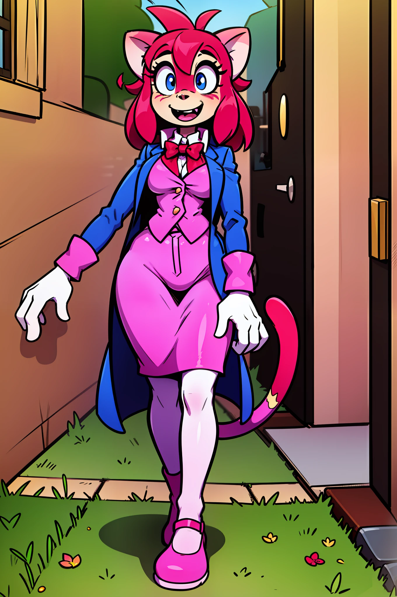 catgirl, furry, toon, cartoon, pink hair, walking,, lion tail, cat ears, animal nose, coat, vest, smile