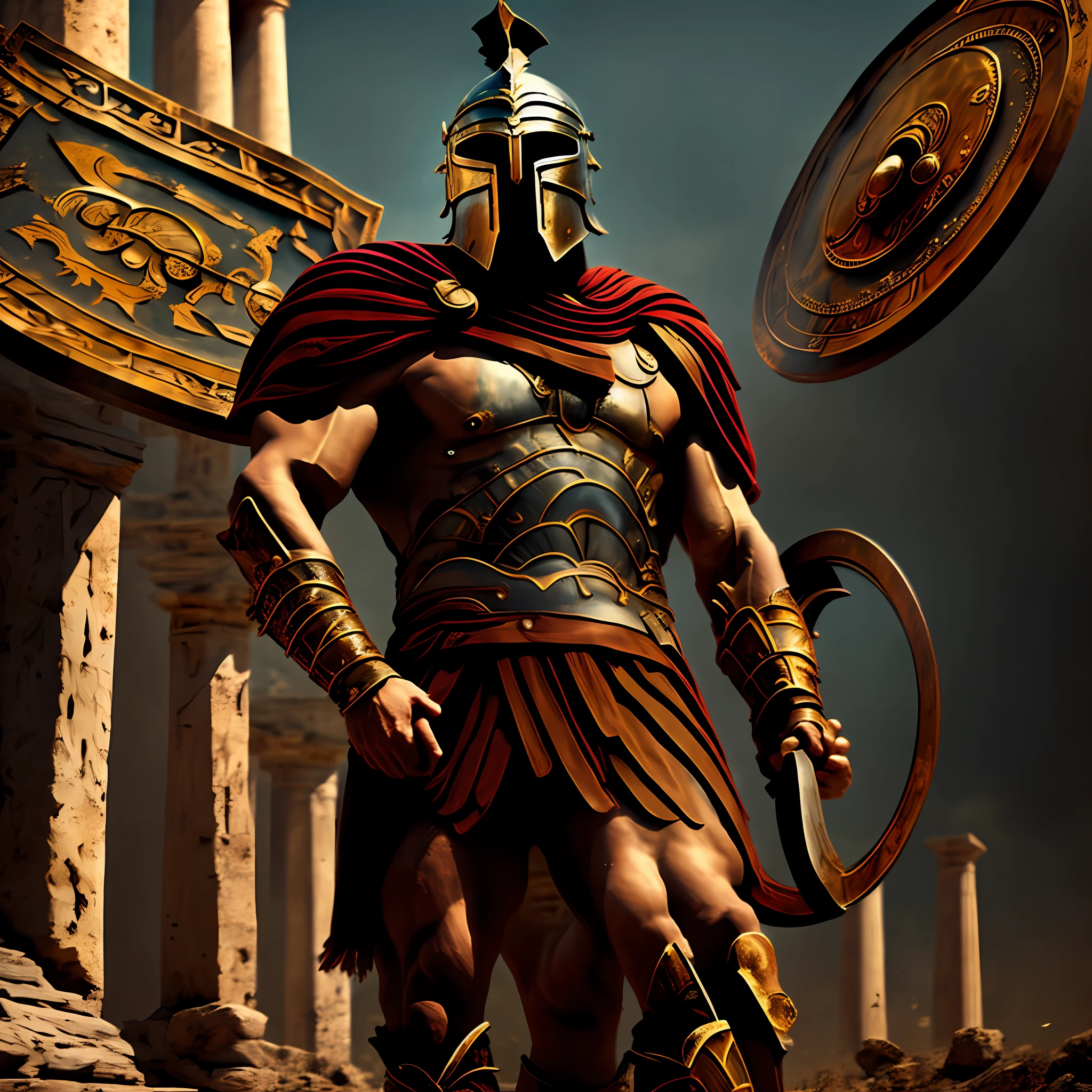 An ancient Greek man, male, king of Sparta, Spartan, Sparta, 31 years old man with commanding presence and intense gaze, black short hair, blue eyes, warrior, Spartan armor, holding a Spartan shield and spear, Ancient Greek, fighting in war, battlefield, intricate, elegant, highly detailed, digital painting by artgerm and artstation, masterpiece, one person only, extremely detailed, human skin, alive, detailed background, full body, best quality, fully clothed, blue chiton, ancient Greek architecture, ancient Greece, Sparta, male, man, spartan helmet, fully clothed, no nudity, full armor