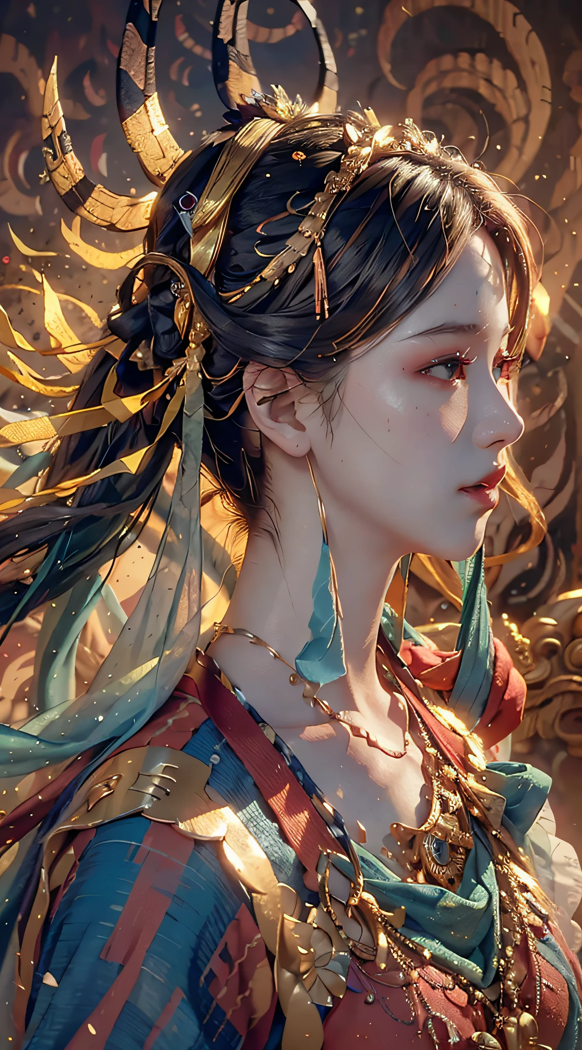(RAW Photo, Best Quality), (Realistic, Photo Realistic: 1.3), Best Quality, Highly Detailed, Masterpiece, Hyperdetail, Illustration, 1 Girl, (profile), Dynamic Angle, World Masterpiece Theater, messy_long_hair, Best Quality, Extremely Detailed CG Unified 8k Wallpaper, Ink, Amazing, Cinematic Lighting, lens_flare,, dunhuang_style