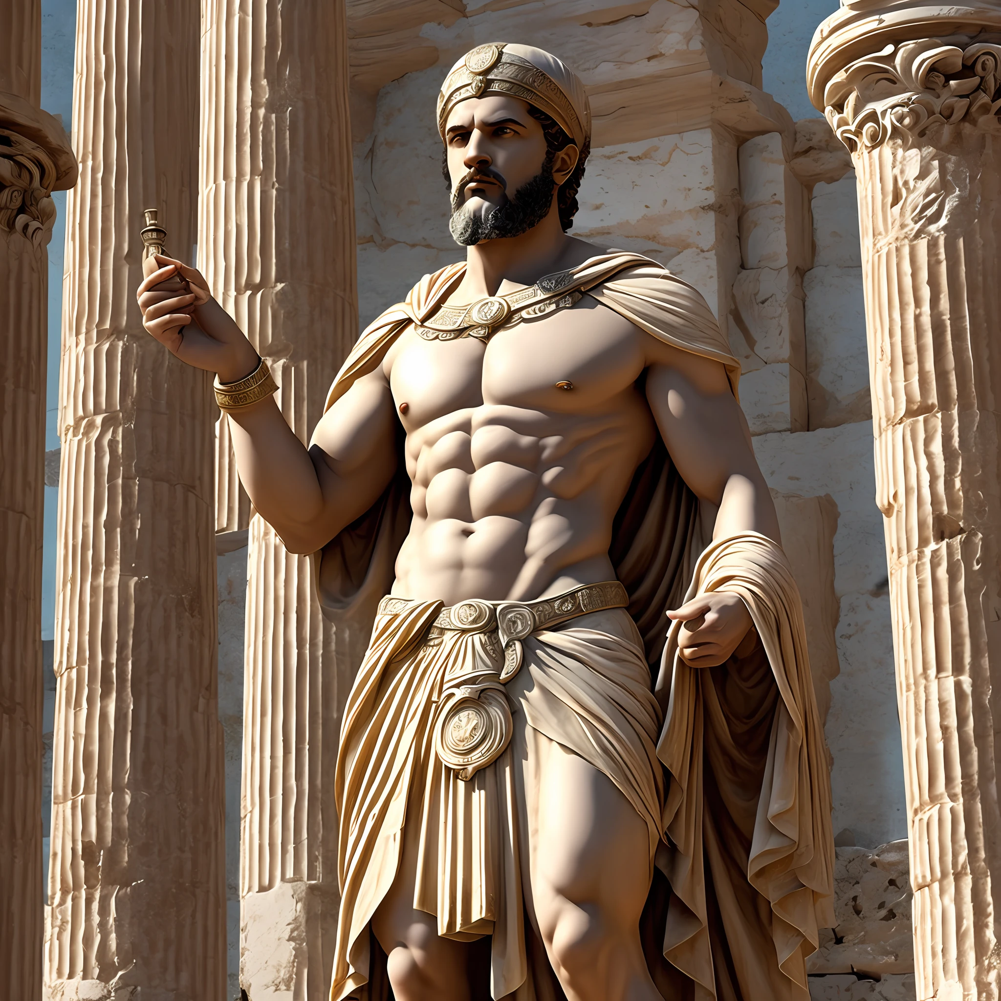 An ancient Greek man, male, masculine, king of Syracuse, Syracuse, 42 years old man with magnetic presence, salt and pepper short hair, brown eyes, white chiton, Ancient Greek, standing in throne room of ancient Greek palace in Syracuse, elegant, highly detailed, digital painting by artgerm and artstation, masterpiece, one person only, extremely detailed, human skin, alive, detailed background, full body, best quality, fully clothed, ancient Greek architecture, ancient Greece, wearing a laurel wreath