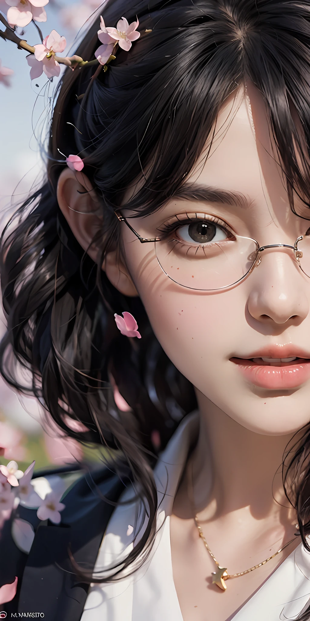 (top quality, masterpiece, ultra-realistic), one beautiful and delicate portrait of a playful cute girl with black hair, fashionable black-rimmed Wellington glasses, suit, cherry blossom petals floating on the background, creative art poster, creative, art,