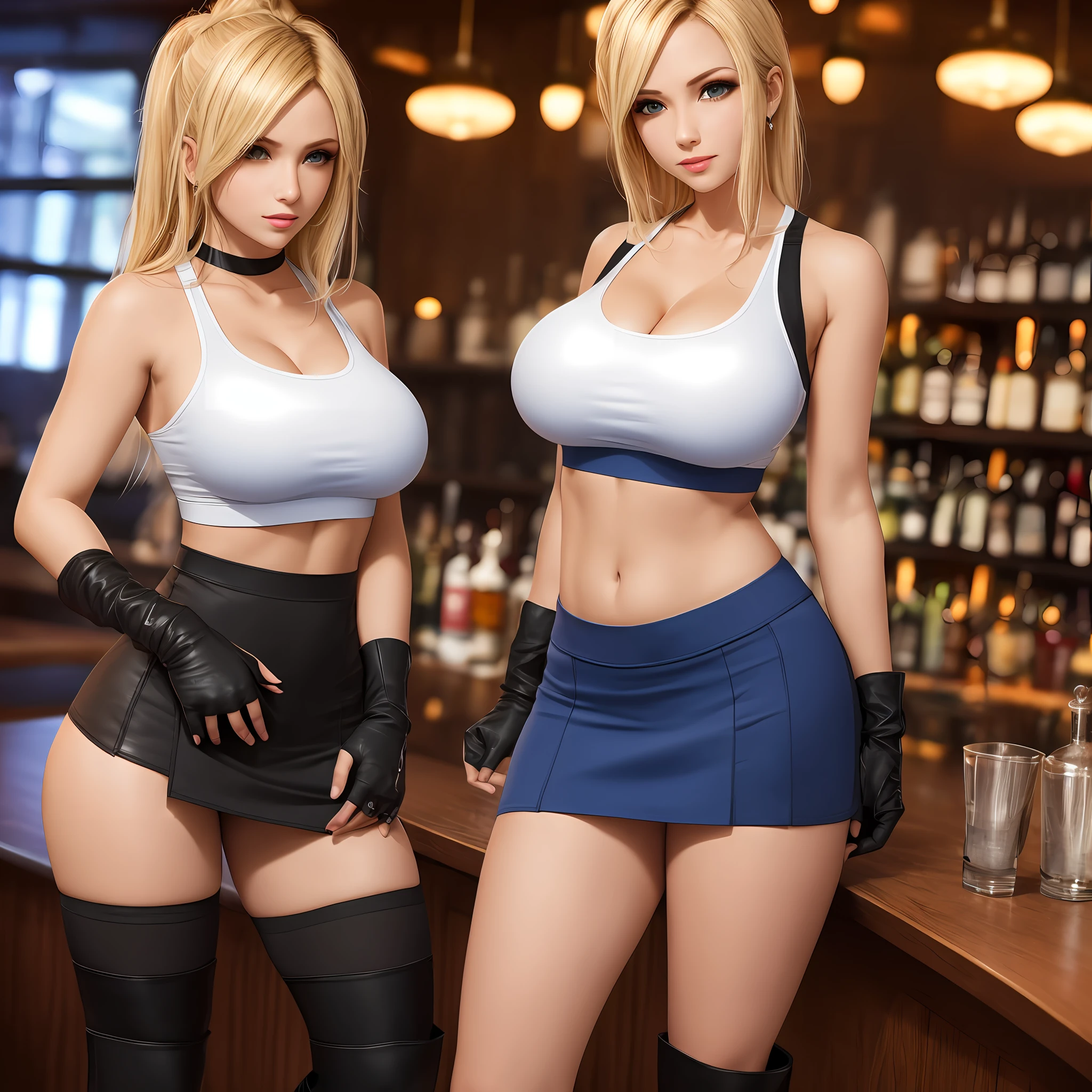 Final Fantasy VII, (blush nose), single elbow, ankle boots, blonde hair, blue skirt, black thighs, blue boots, elbow gloves, elbows, fingerless gloves, tense shirt, sports bra, (suspended blue skirt), thighs, white tank top, top body is hyper-realistic and hyper largest_breasts!! with the type of boobs_melons, blonde hair, full body, big chest, no bra and no panties, look at the viewer, posing standing at the bar, sensual mouth, makeup, bokeh, best quality, masterpiece, highres, UHD, 1080P --auto