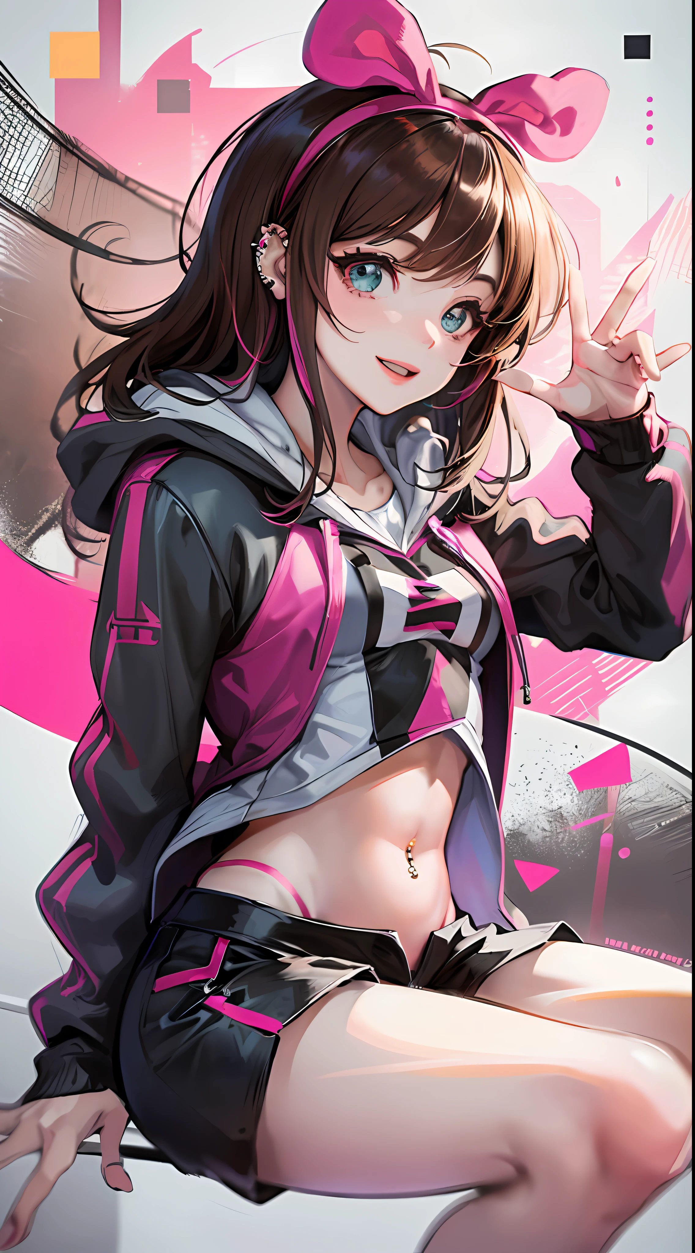 masterpiece, best quality, highres, 1girl, kizuna ai, small breasts ,long hair, brown hair, multicolored hair, floating hair, pink hairband, pink highlights, streaked hair, smiling, crop hoodie, navel, shorts, sneakers, navel piercing