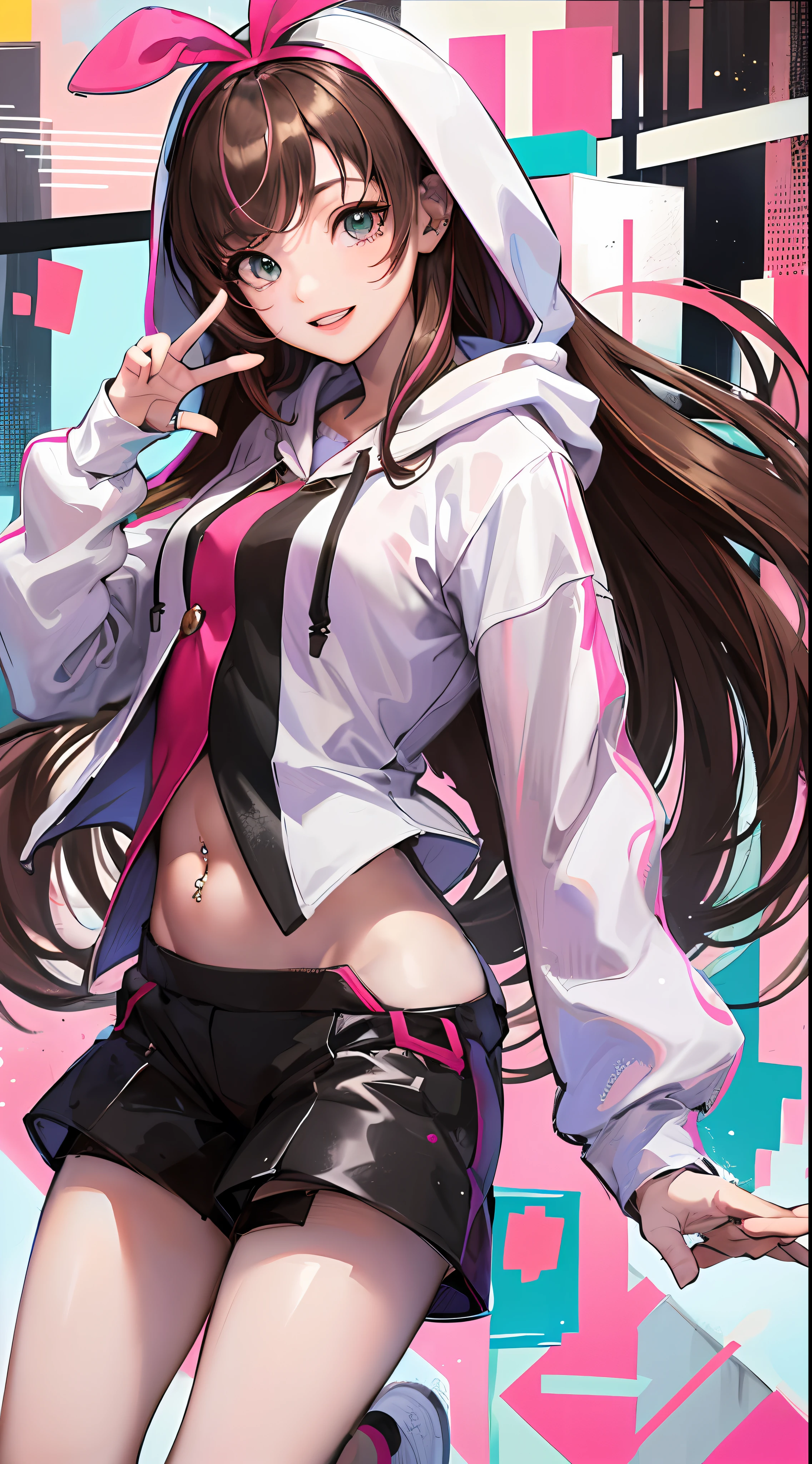 masterpiece, best quality, highres, 1girl, kizuna ai, small breasts ,long hair, brown hair, multicolored hair, floating hair, pink hairband, pink highlights, streaked hair, smiling, crop hoodie, navel, shorts, sneakers, navel piercing