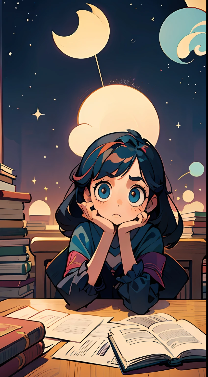 A sat at a table full of stationery and books. She tilted her head in confusion in thought, her head looking upwards, her gaze upward, observing from a parallel perspective.