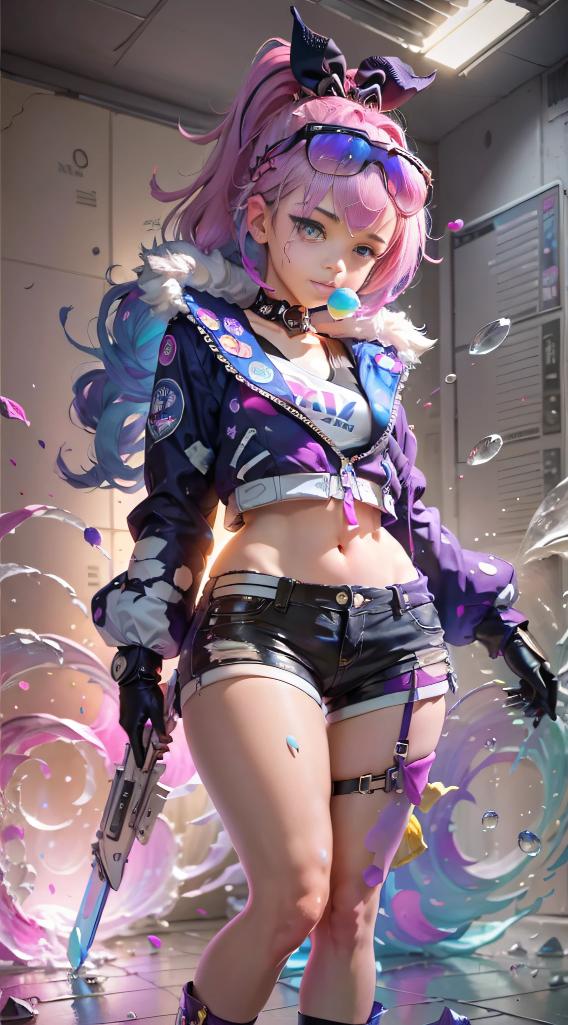 full body, 1girl, loli, solo, Eye focus,Masterfully crafted Glow, pink lens flare, Cinematic background,colourful, hyper details, hdr, ultra detailed eyes, mature, plump, rainbow painting drops,(supermodel:1.3), made up from paint, entirely paint, splat, splash, indoors, (bioluminescent hair:1.1),(glowing eyes), ((makeup)), fierce, powerful, splashes of colour absolutely eye-catching, dynamic angle, beautiful detailed glow, ambient occlusion, ambient light, raytraced reflections, retro style, living arcade characters, arcade style world, gloves, jacket,weapon, shorts, black gloves, black jacket, gun, drill hair, black shorts, eyewear on head, bubble blowing, chewing gum, (Cute face:1.3),