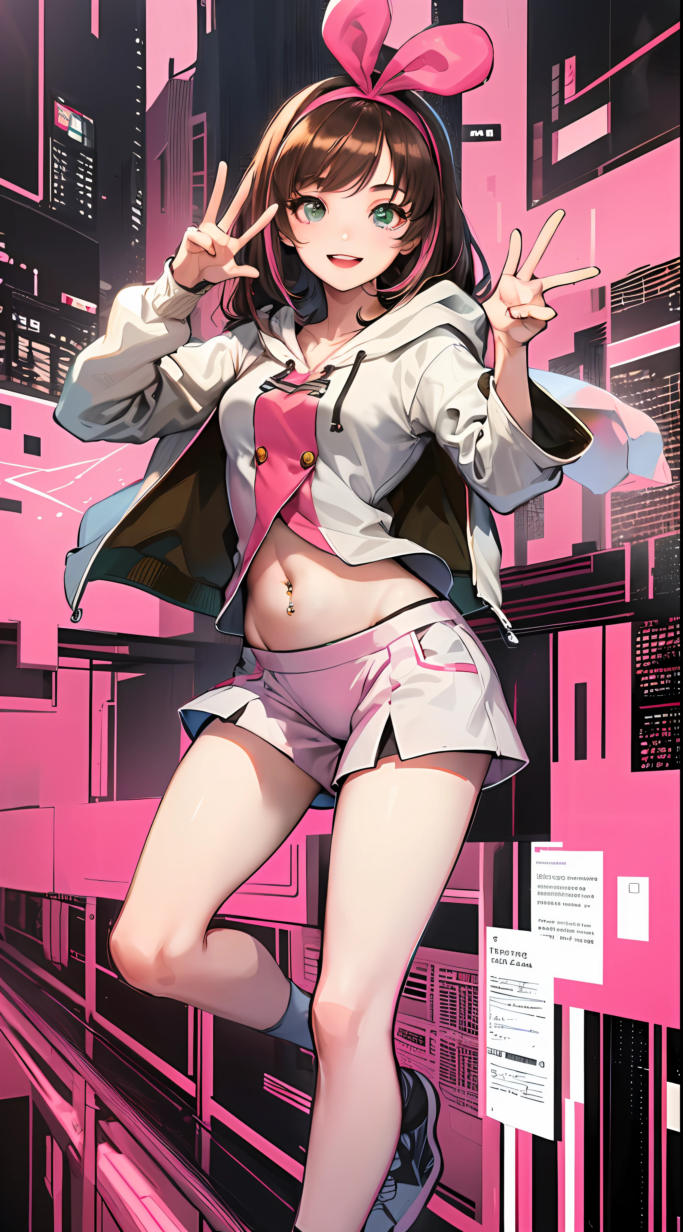 masterpiece, best quality, highres, 1girl, kizuna ai, small breasts ,long hair, brown hair, multicolored hair, floating hair, pink hairband, pink highlights, streaked hair, smiling, crop hoodie, navel, shorts, sneakers, navel piercing