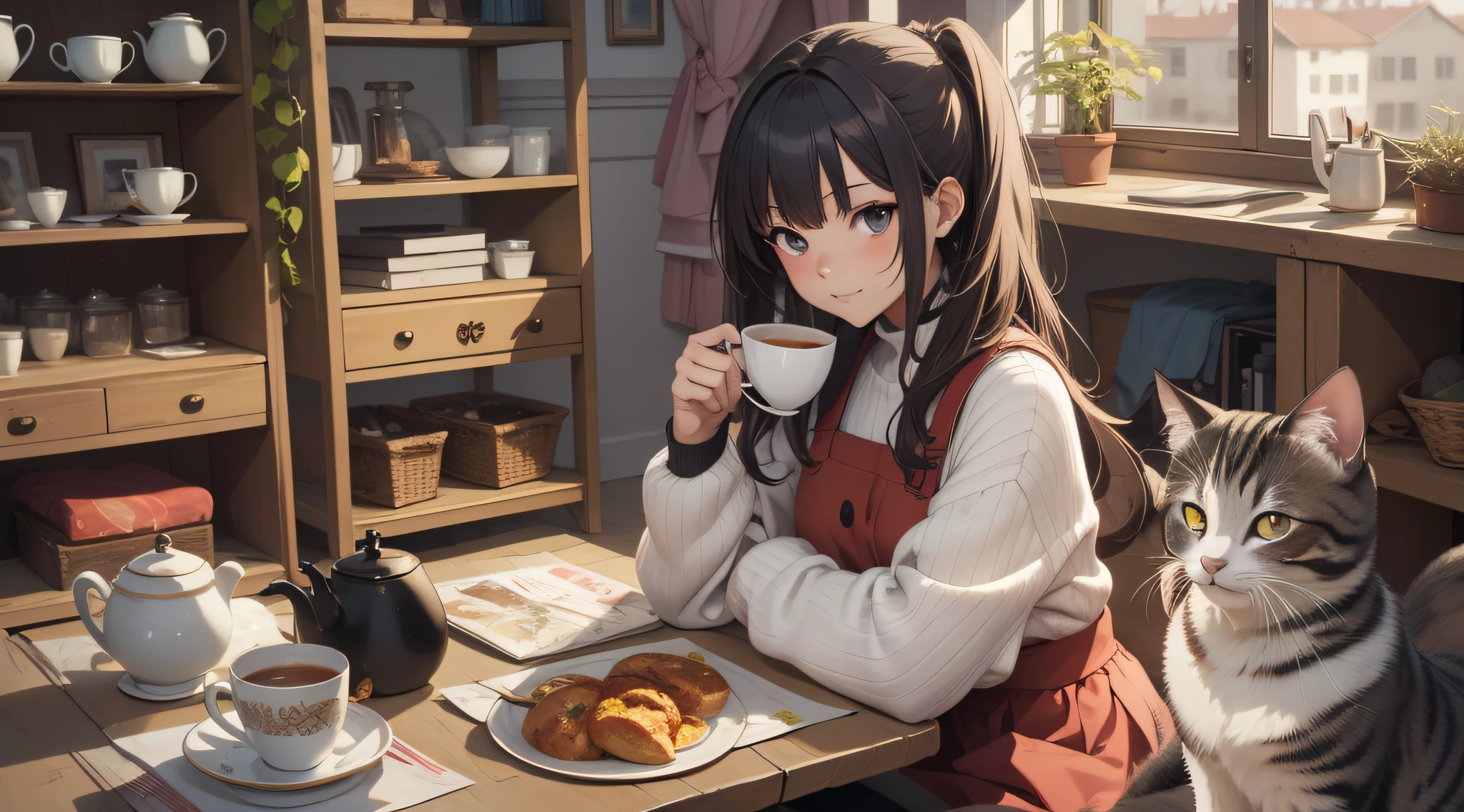 Anime girl sitting at table with a cup of tea, Guvez style artwork, anime style 4 K, anime art wallpaper 4 K, anime art wallpaper 8 K, anime art wallpaper 4K, Pixiv ArtStation on Guwiz, ArtStation Pixiv on Guwiz, detailed digital anime art, 4k anime wallpaper, high resolution, super detailed, realistic texture, bold texture, crazy texture, delicate wood grain, warm sun, glow, cute cat