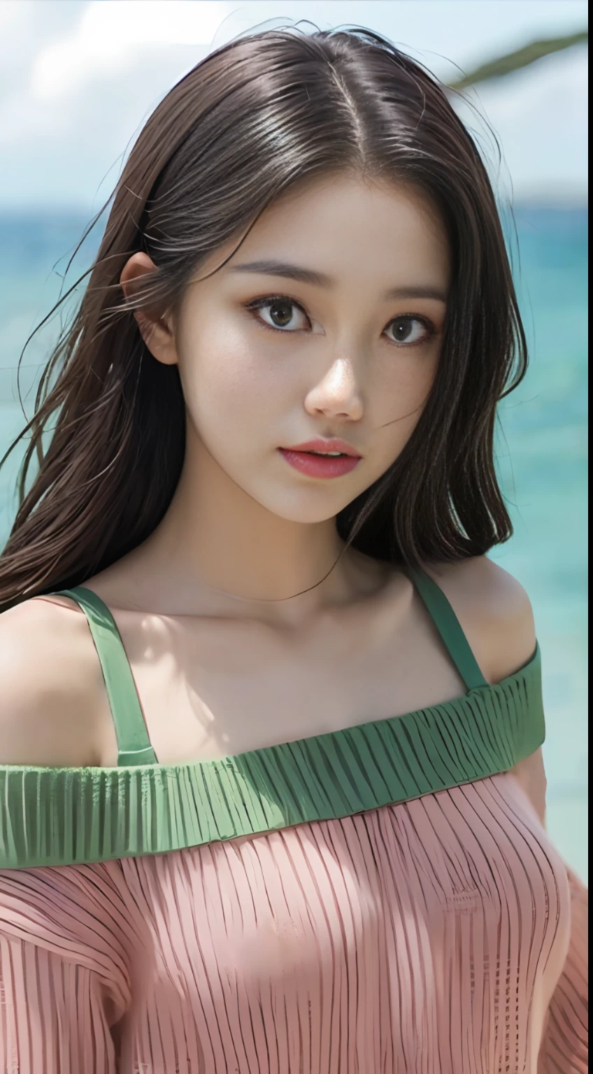 (Fluorescent color: 1.4), (Translucent: 1.4), (Vintage filter: 1.4), (Fantasy: 1.4), (Real: 1.5), kind and gentle beautiful girl, (((sea background,))), bright big eyes, supple fair and translucent skin, delicate and complete facial features, sexy pink lips, flowing silky hair, charming temperament, realistic details, wearing an off-the-shoulder sweater, not leaking perfect figure