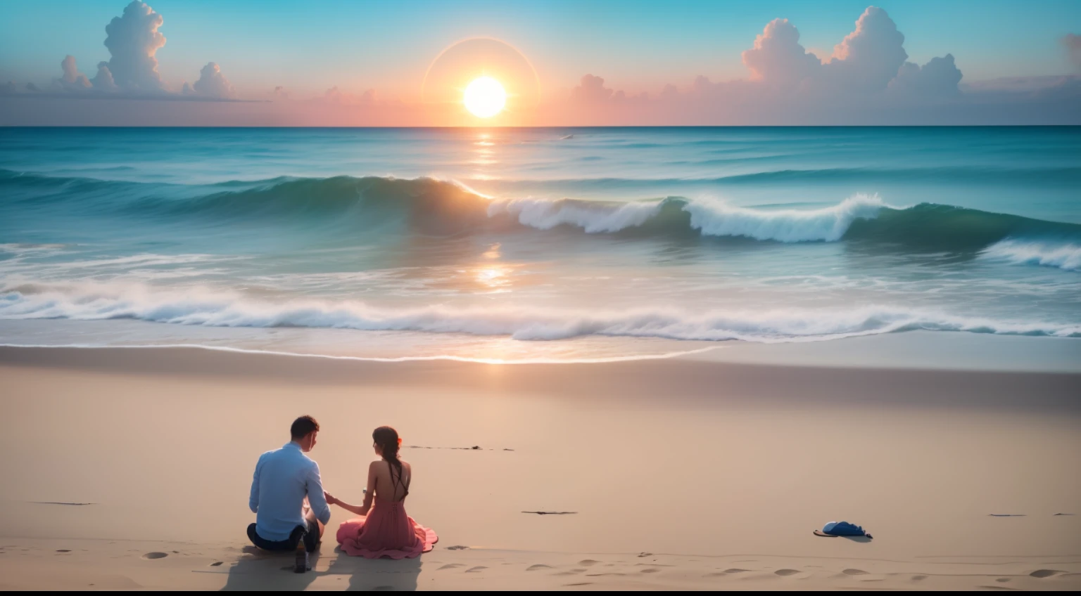 Bright sun, a couple on the beach (best quality) (intricate details)