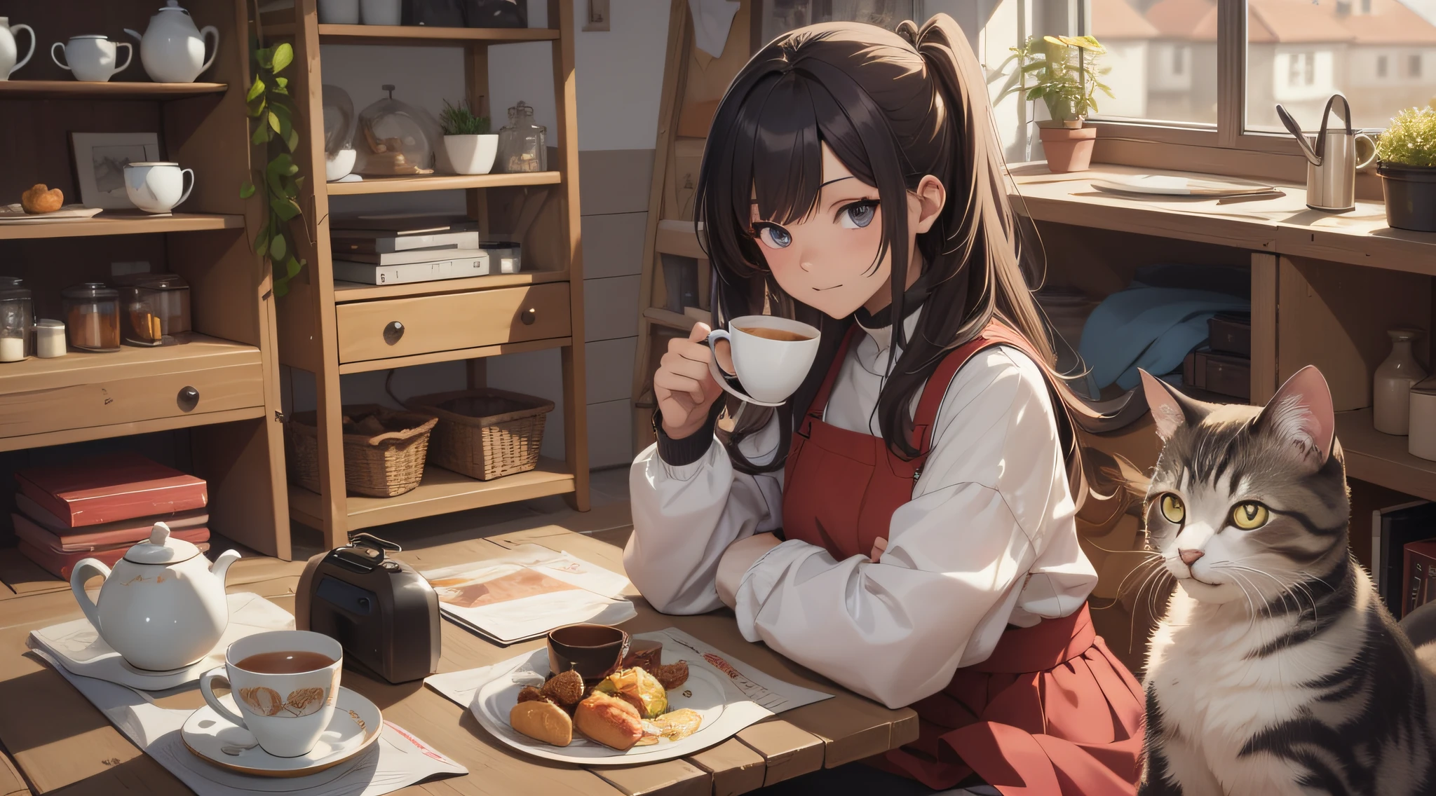Anime girl sitting at table with a cup of tea, Guvez style artwork, anime style 4 K, anime art wallpaper 4 K, anime art wallpaper 8 K, anime art wallpaper 4K, Pixiv ArtStation on Guwiz, ArtStation Pixiv on Guwiz, detailed digital anime art, 4k anime wallpaper, high resolution, super detailed, realistic texture, bold texture, crazy texture, delicate wood grain, warm sun, glow, cute cat