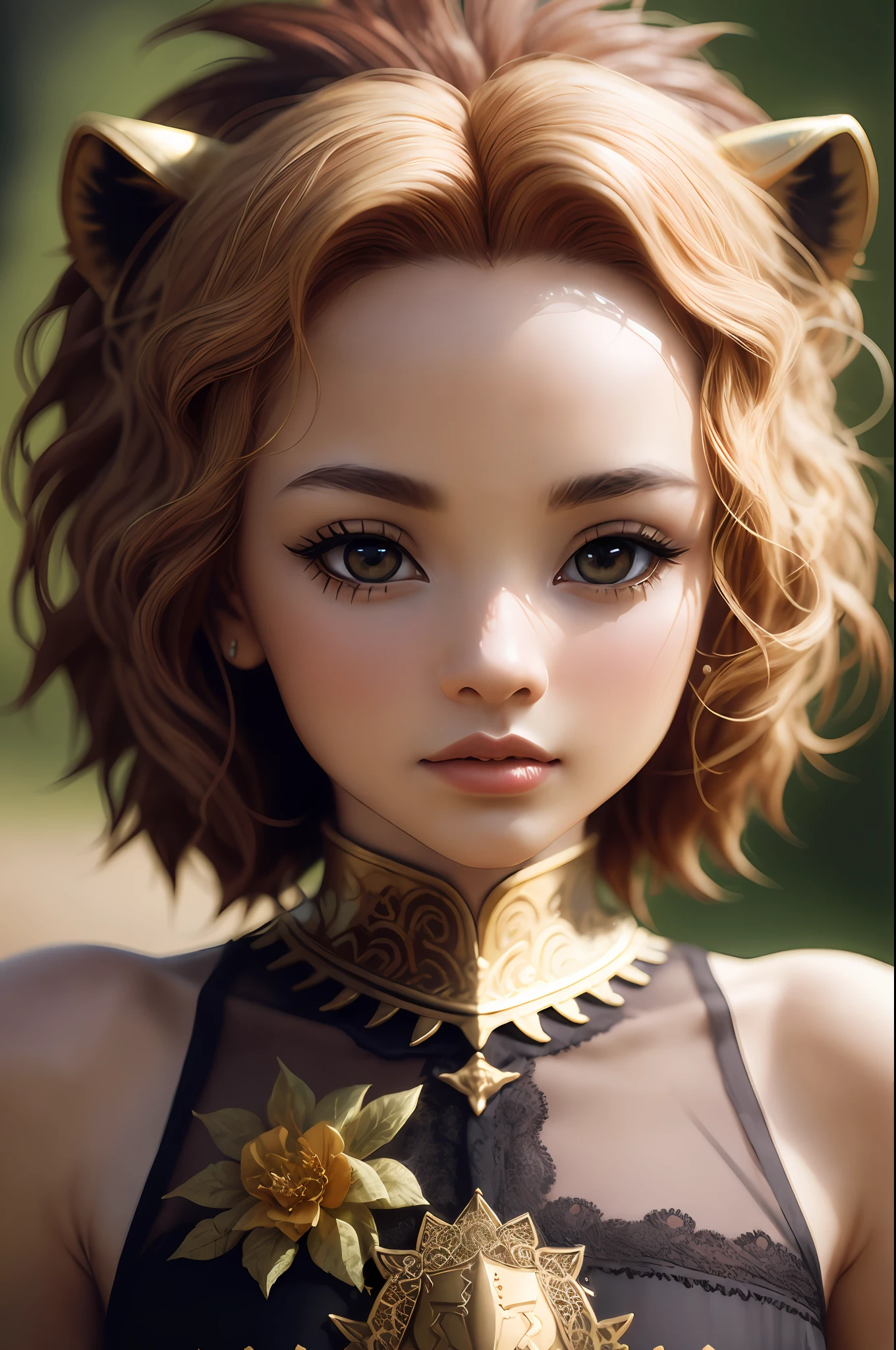 3dcreature cute lion wearing knight armor with detailed floral ornament, 1boy, big eyes, chibi, Photorealistic, Hyperrealistic, Hyperdetailed, analog style, hip cocked, demure, low cut, black lace, detailed skin, matte skin, soft lighting, subsurface scattering, realistic, heavy shadow, masterpiece, best quality, ultra realistic, 8k, golden ratio, Intricate, High Detail, film photography, soft focus