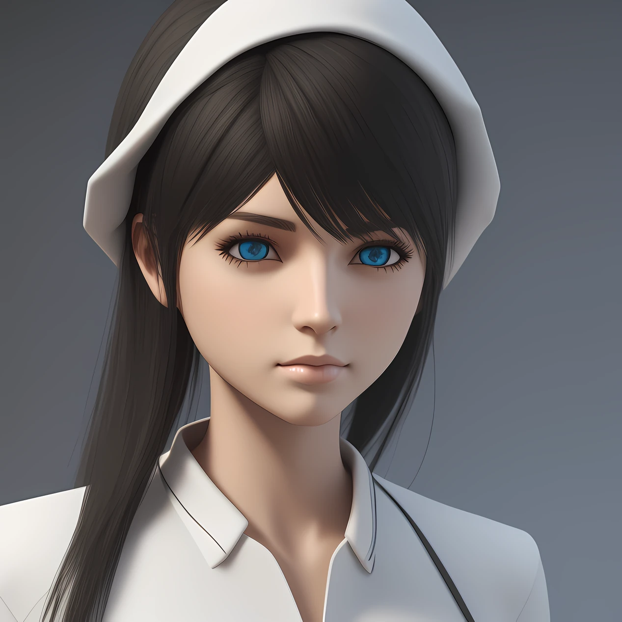 girl, black hair, white clothing, final fantasy model, 3D, blender,