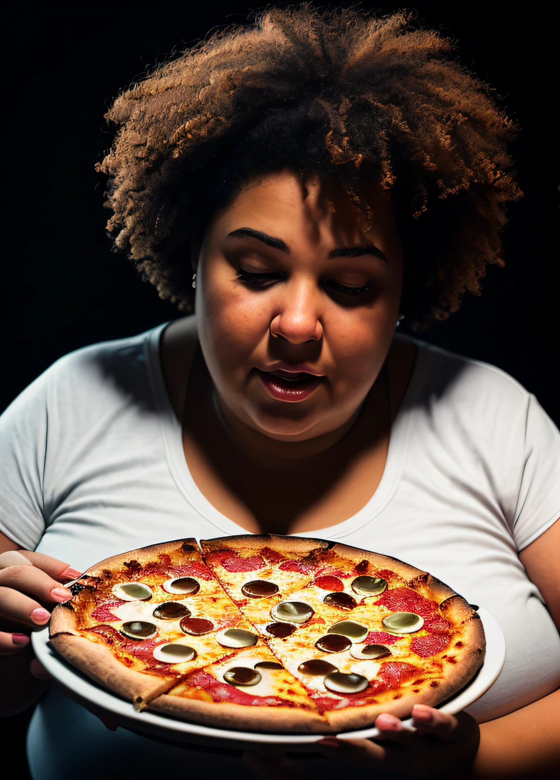 (fat woman), (eating pizza), (sad), natural hair, realistic portrait, 4k, supreme detail, highly detailed, artstation, smooth, sharp focus, cinematic lighting, facing the camera, dark studio, rim lighting, two-tone lighting, poorly lit, discreet,
