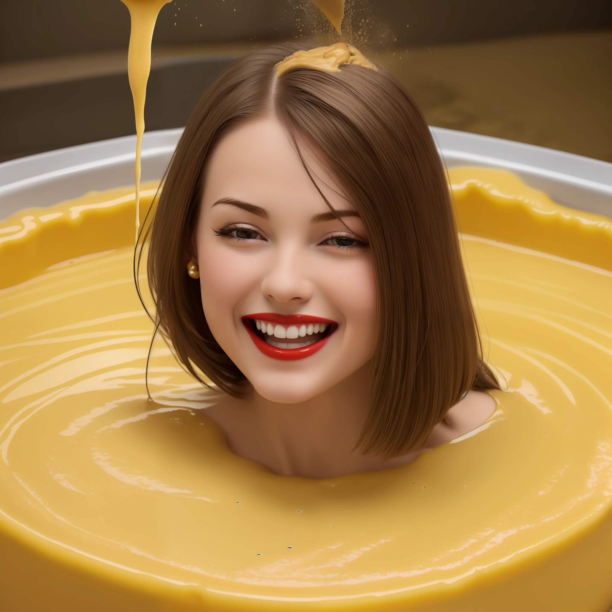 Photo realism, 8k, detailed, a hot tub full to the brim with yellow custard, thick yellow liquid fills the hot tub, a beautiful sexy woman is sitting in the hot tub, wearing a smart navy shirt, aged 22, pretty, perfect face, (make up, red lips), (dark brown hair, hair cut in a long bob), ((laughing as large quantities of custard pours onto her head and hair)), she is engulfed in the thick yellow liquid