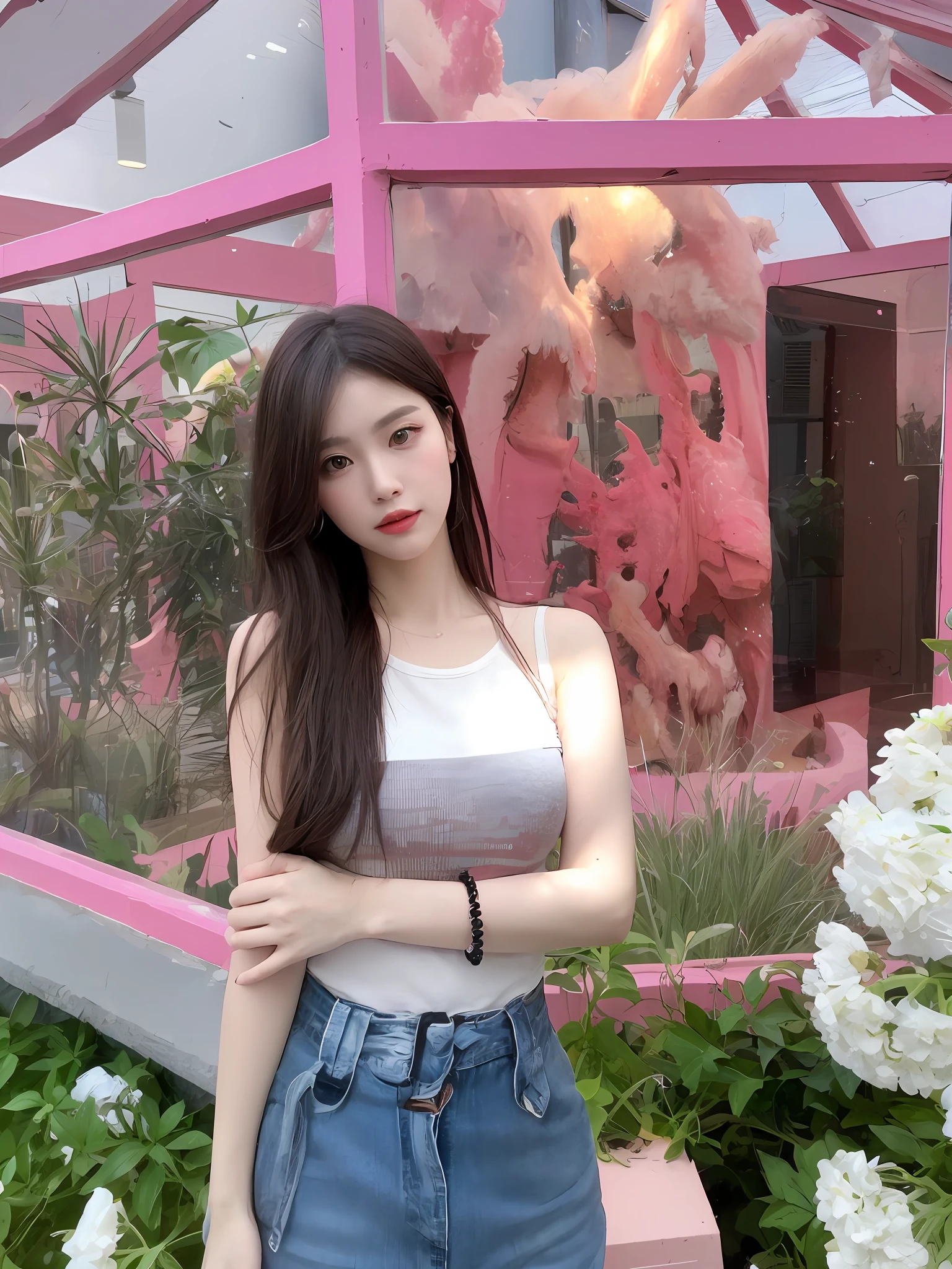 ((Midnight, Best quality, 8k, Masterpiece :1.3)), Whole body, Long legs, Sharp focus :1.2, A pretty woman with perfect figure :1.4, Slender abs :1.1, ((Dark brown hair, Big breasts :1.2)), (White tight tshirt, Jean bib, Standing:1.2), ((Night city view, Rooftop:1.3)), Highly detailed face and skin texture, Detailed eyes, Double eyelid, sunset, darken, backlit, off shoulder