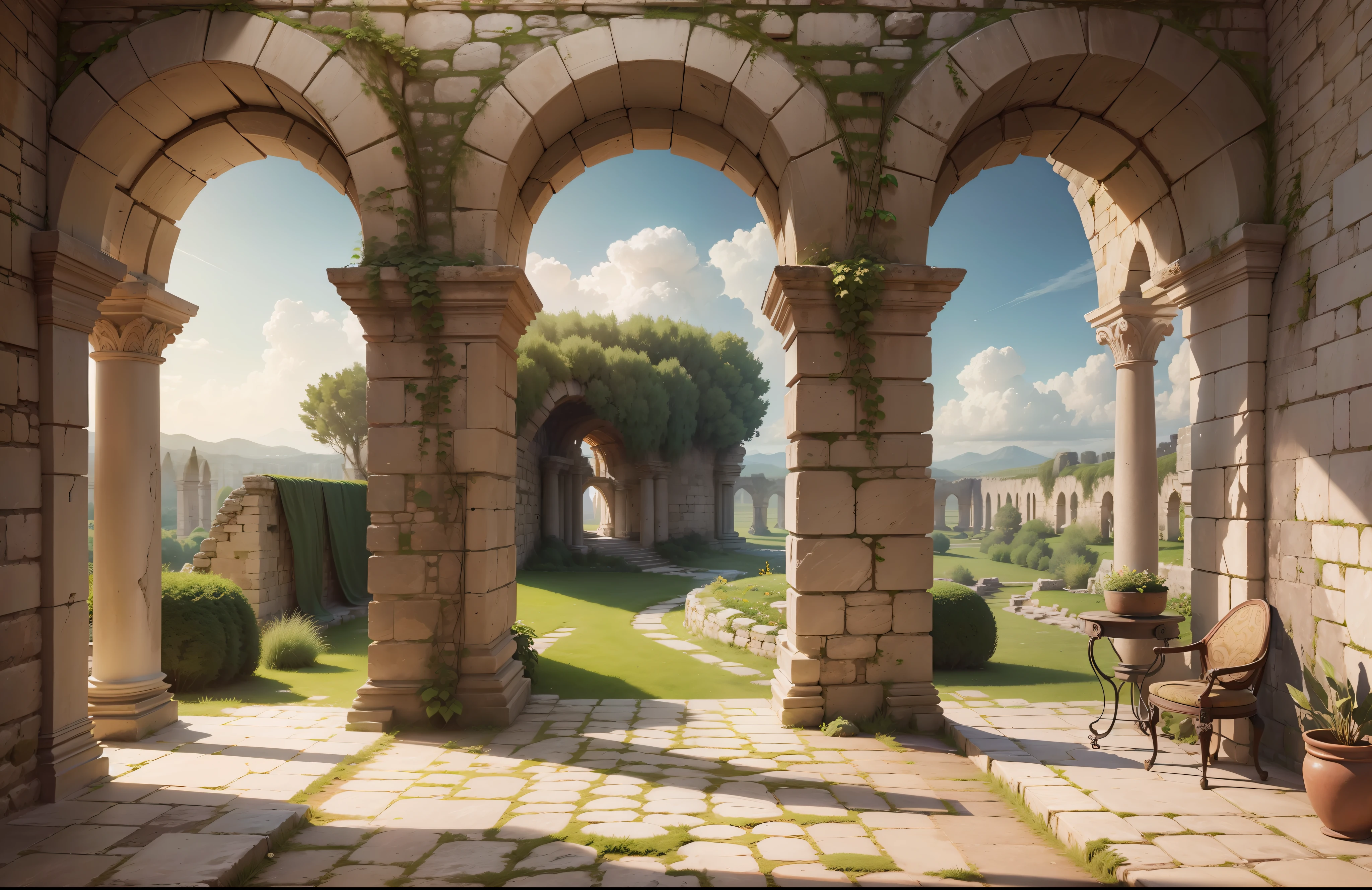 modelshoot style, (extremely detailed CG 8k wallpaper), An ancient and wide room, with stone walls and little high, without ceiling, at the back of the room there are Roman stone arches in ruins open to a green garden with some stones, centered and balanced image --auto --s2