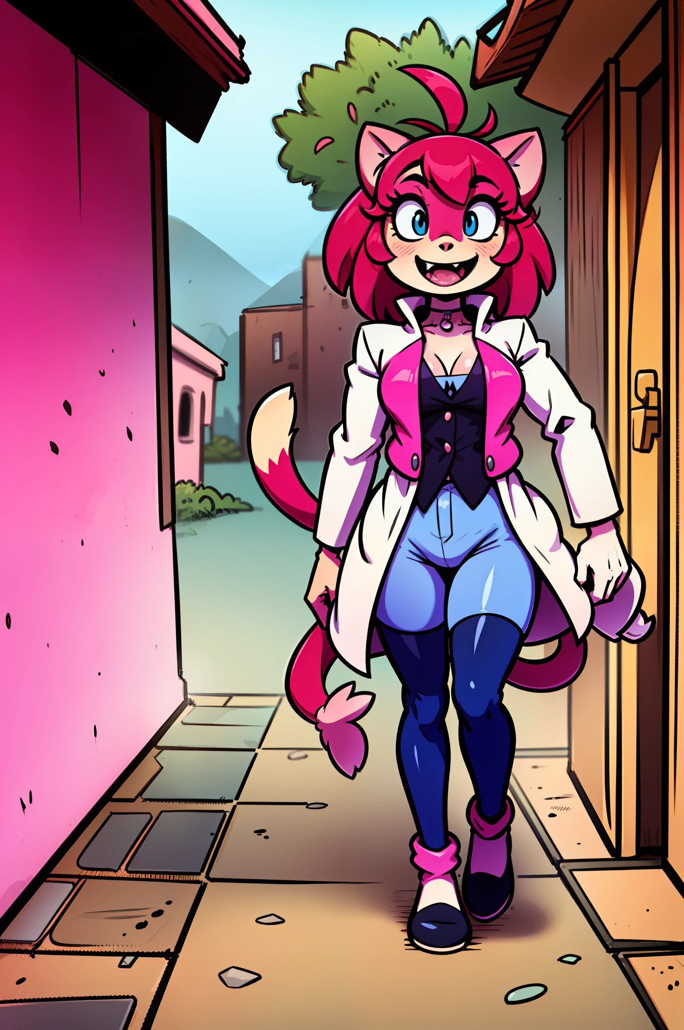 catgirl, furry, toon, cartoon, pink hair, walking,, lion tail, cat ears, animal nose, coat, vest, smile