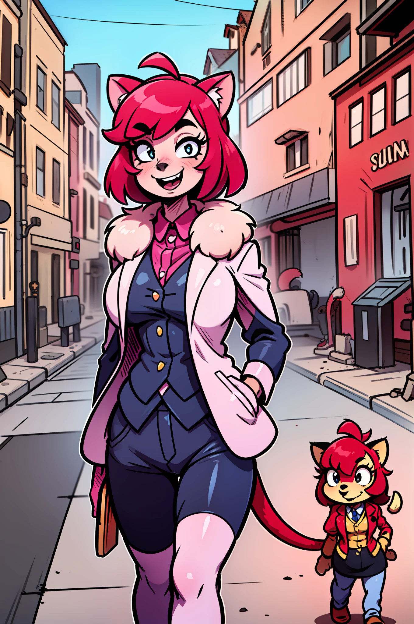 catgirl, furry, toon, cartoon, pink hair, walking,, lion tail, cat ears, animal nose, coat, vest, smile