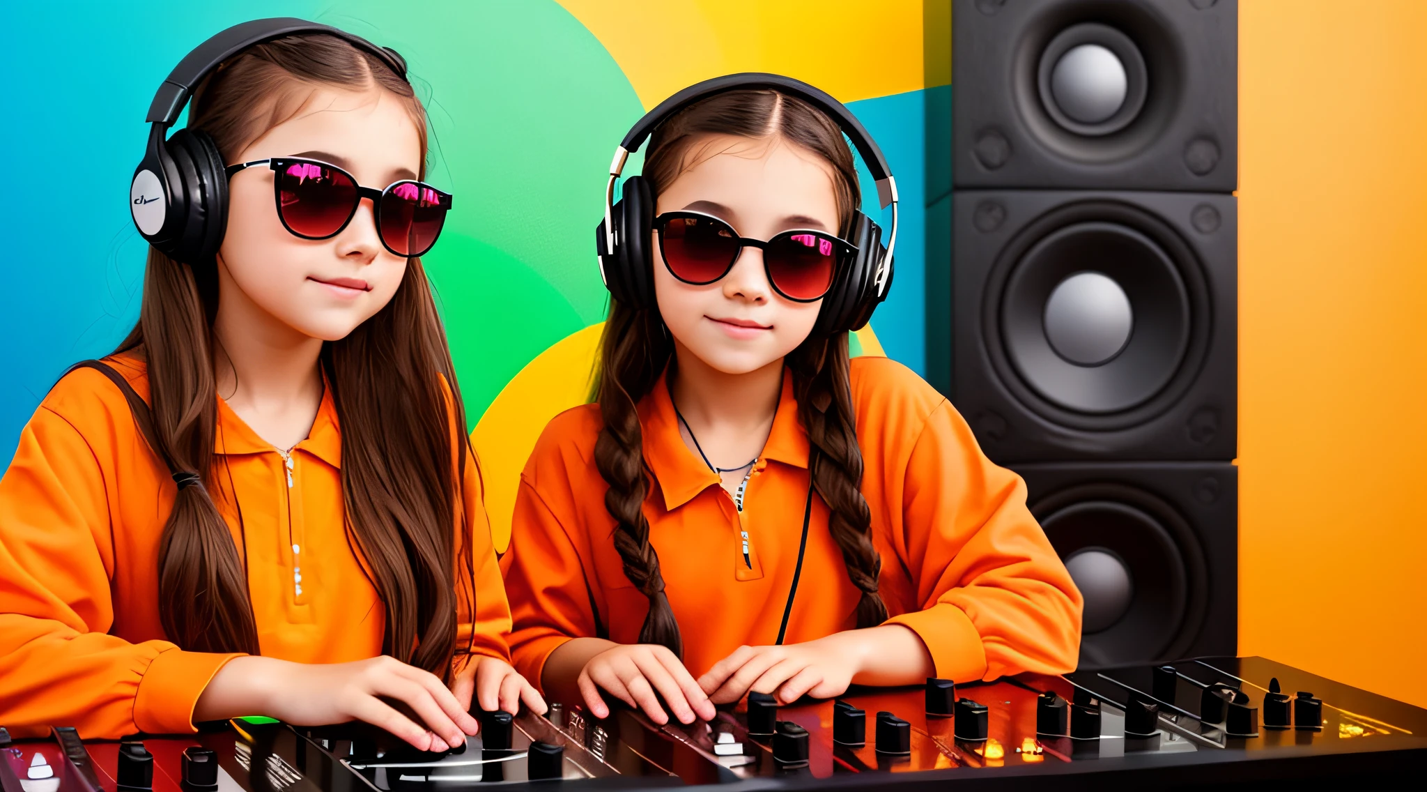 BLONDE CHILD IN BRAIDS, in yellow dress with headphones and sunglasses making a peace sign, vibrating with music, girl wearing headphones, with headphones, music is life, playing music, with headphones, listening to pious music, loud music, good music, wearing orange sunglasses, listening to music, In front of an orange background, DJ rave headphones, wearing red and yellow clothes