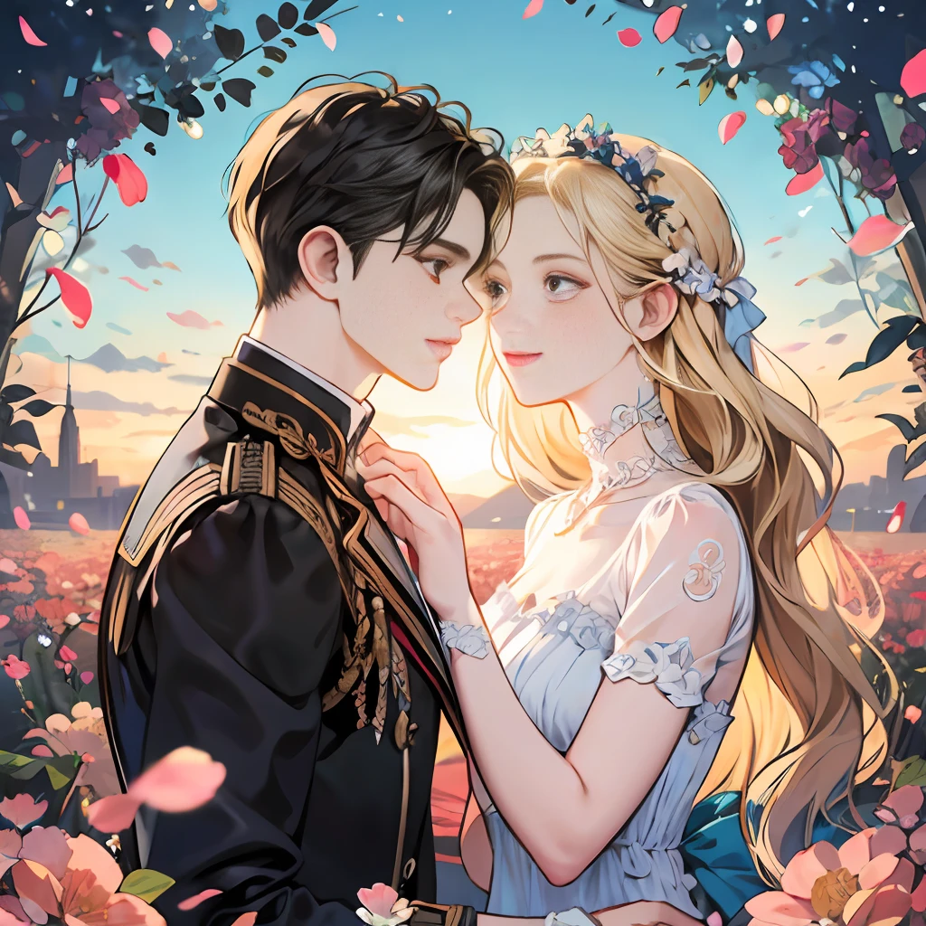 Masterpiece, Best Quality, Two Other, Couple, Hetero, One Man and One Woman, Black and Blonde, Height Difference, Different Colors, Happiness, Love, Landscape Full of Flowers, Forehead, Staring Each Other, (Upper Body 1.3)