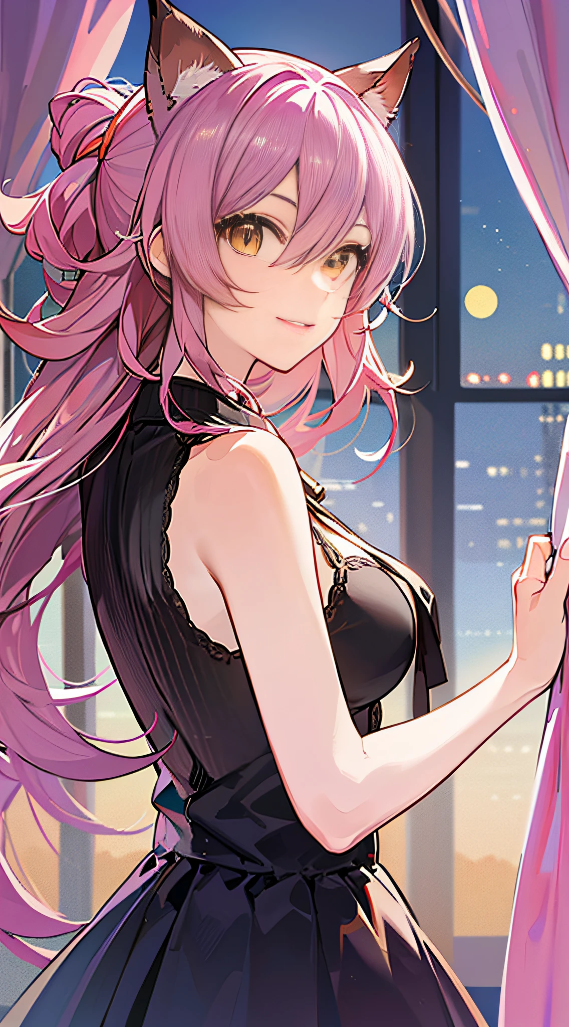 ,(Masterpiece:1.2, high quality), (pixiv:1.4),who,:3,uwu,
jougasaki mika, 1girl, curtain grab, pink hair, solo, looking at viewer, curtains, smile, long hair, hair between eyes, yellow eyes,, parted lips, bangs, upper body