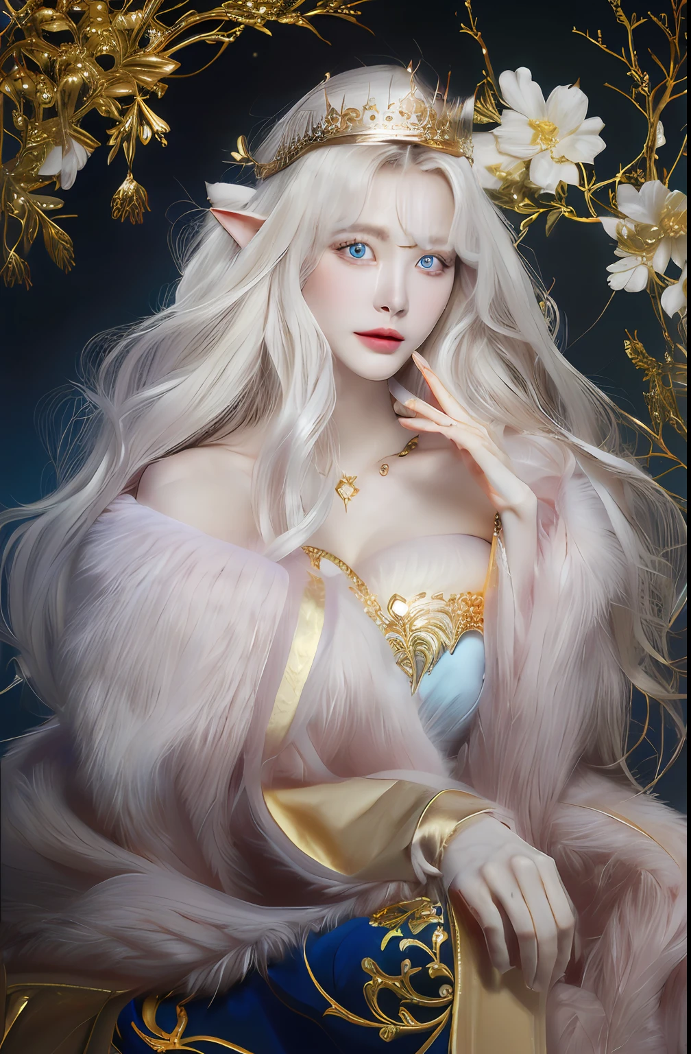 Draw a woman with long white hair and a golden crown, beautiful and elegant elf queen, Guvez style artwork, (((beautiful fantasy queen)), fantasy art style, 8k high quality detail art, fan art best art station, beautiful character painting, beautiful fantasy queen, detailed long white hair, inspired by WLOP, popular on cgstation, good fingers, big eyes, water spirit big eyes, healthy fingers