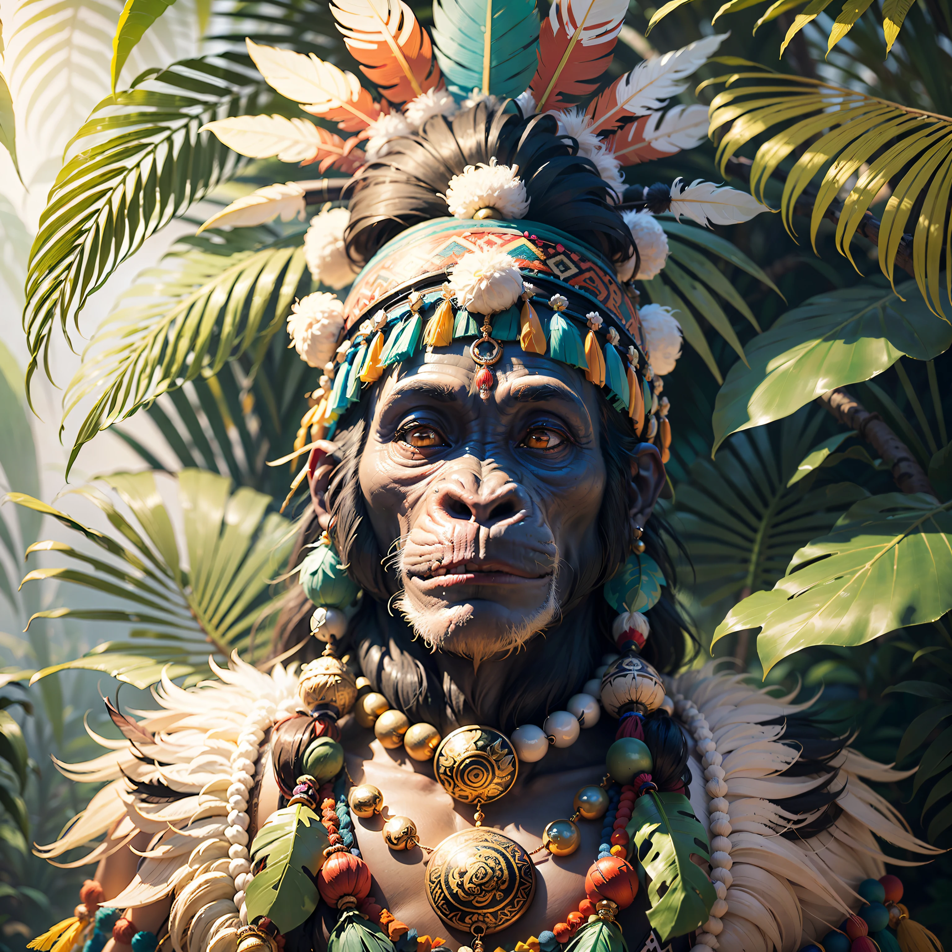 Cheerful Chimpanzee Head ((Shaman)),((meditative state),,Shaman, elegant chimpanzee, hair with details, with Indian headdress on head, ((meditating)) many colorful feathers, colored feathers, facing the camera, detail: dense tropical foliage, highly detailed intricate, ((masterpiece)), ultra hyperrealistic, masterpiece