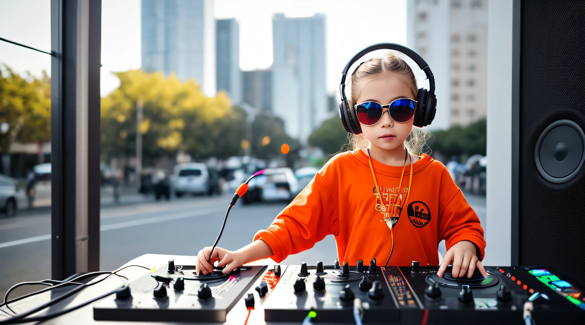 mENINA BLONDE CHILD IN BRAIDS, in yellow dress with headphones and sunglasses making a peace sign, vibrating with music, girl wearing headphones, with headphones, music is life, playing music, with headphones, listening to pious music, loud music, good music, wearing orange sunglasses, listening to music,  In front of an orange background, DJ rave headphones, wearing red and yellow clothes